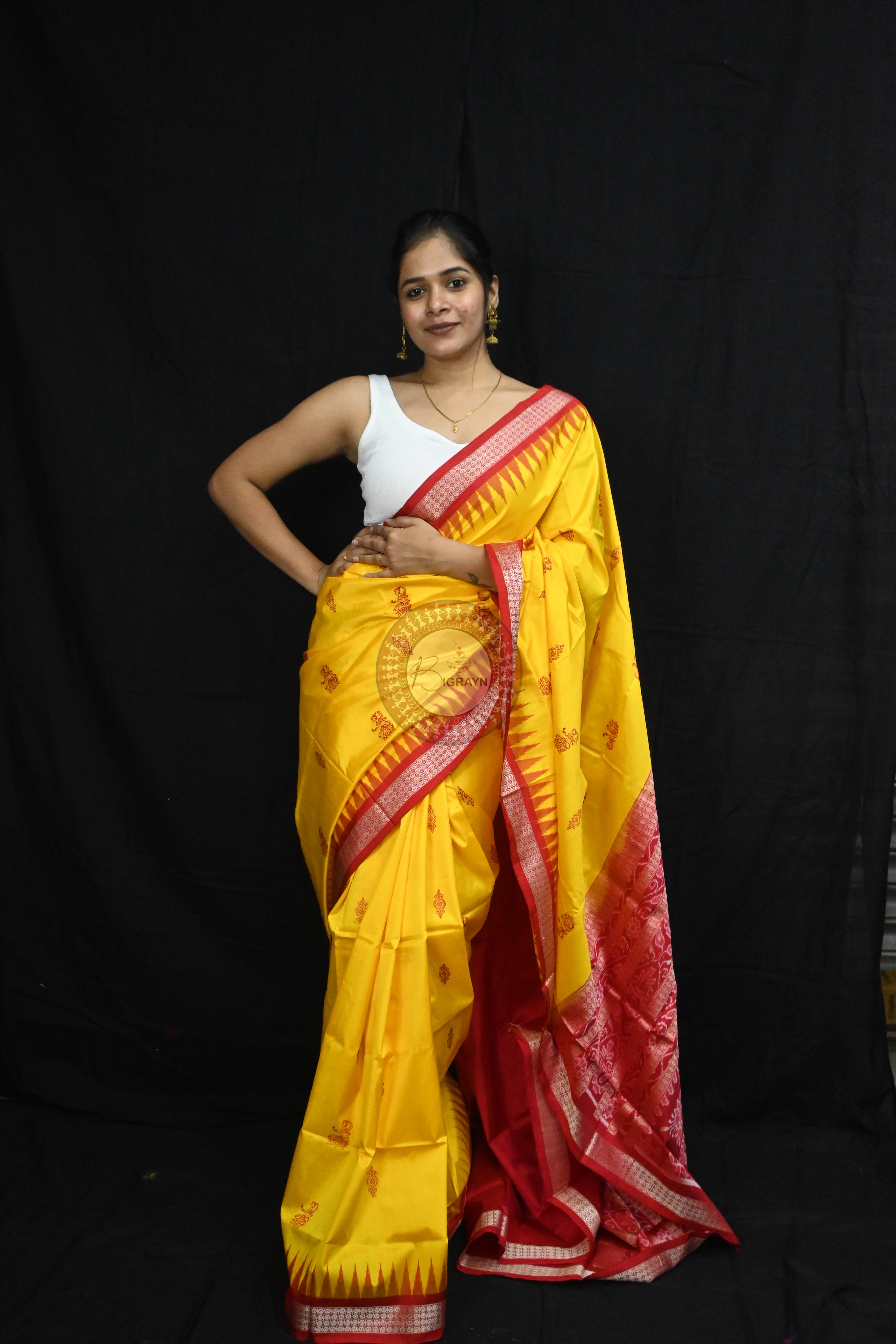 Yellow Red Tribal Dipa Bomkai Silk Saree