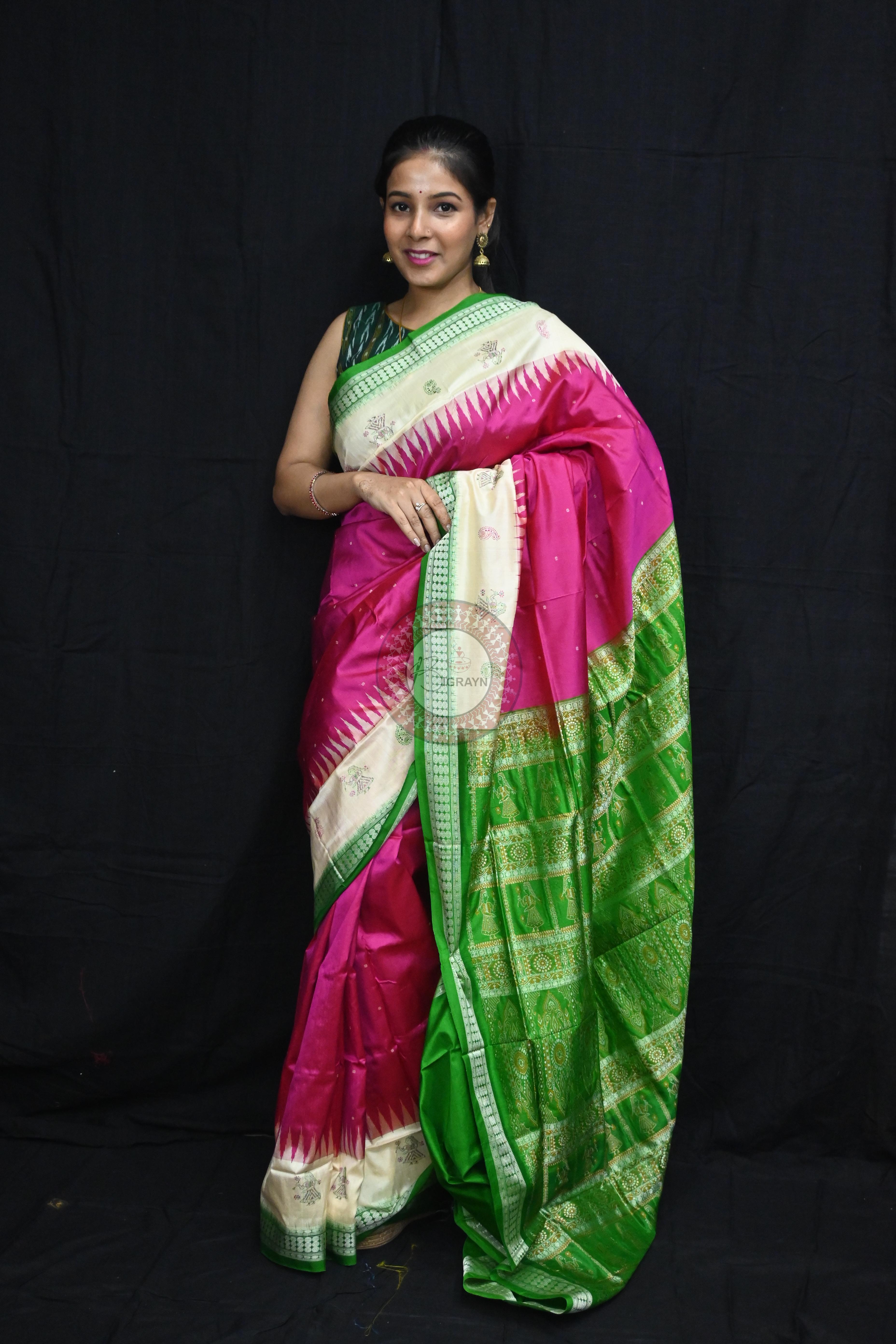 Pink Green Doll Anchal Bomkai Silk Saree