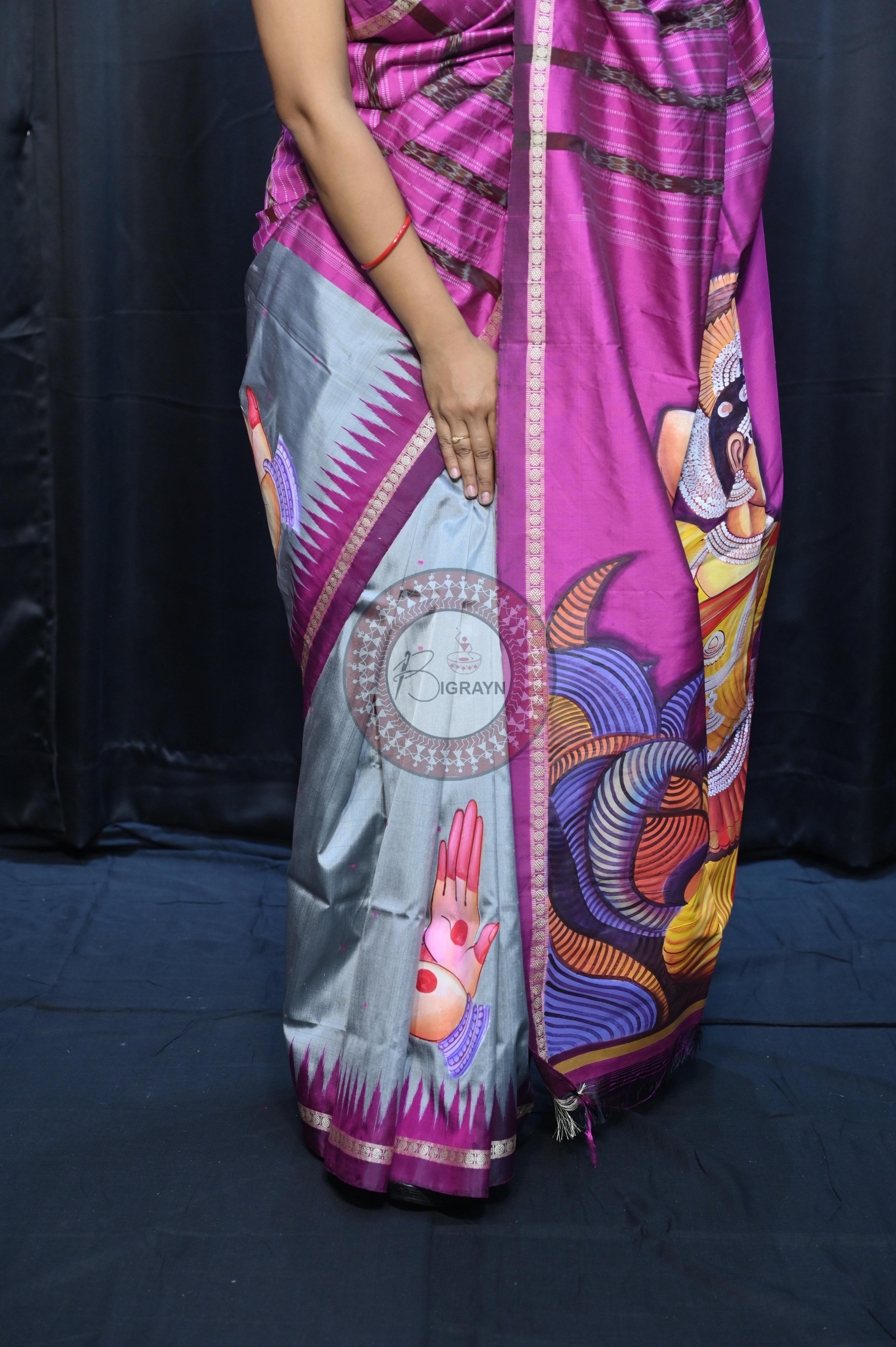 Grey Magenta Odishi Dancer Theme Pattachitra Sambalpuri Silk Saree