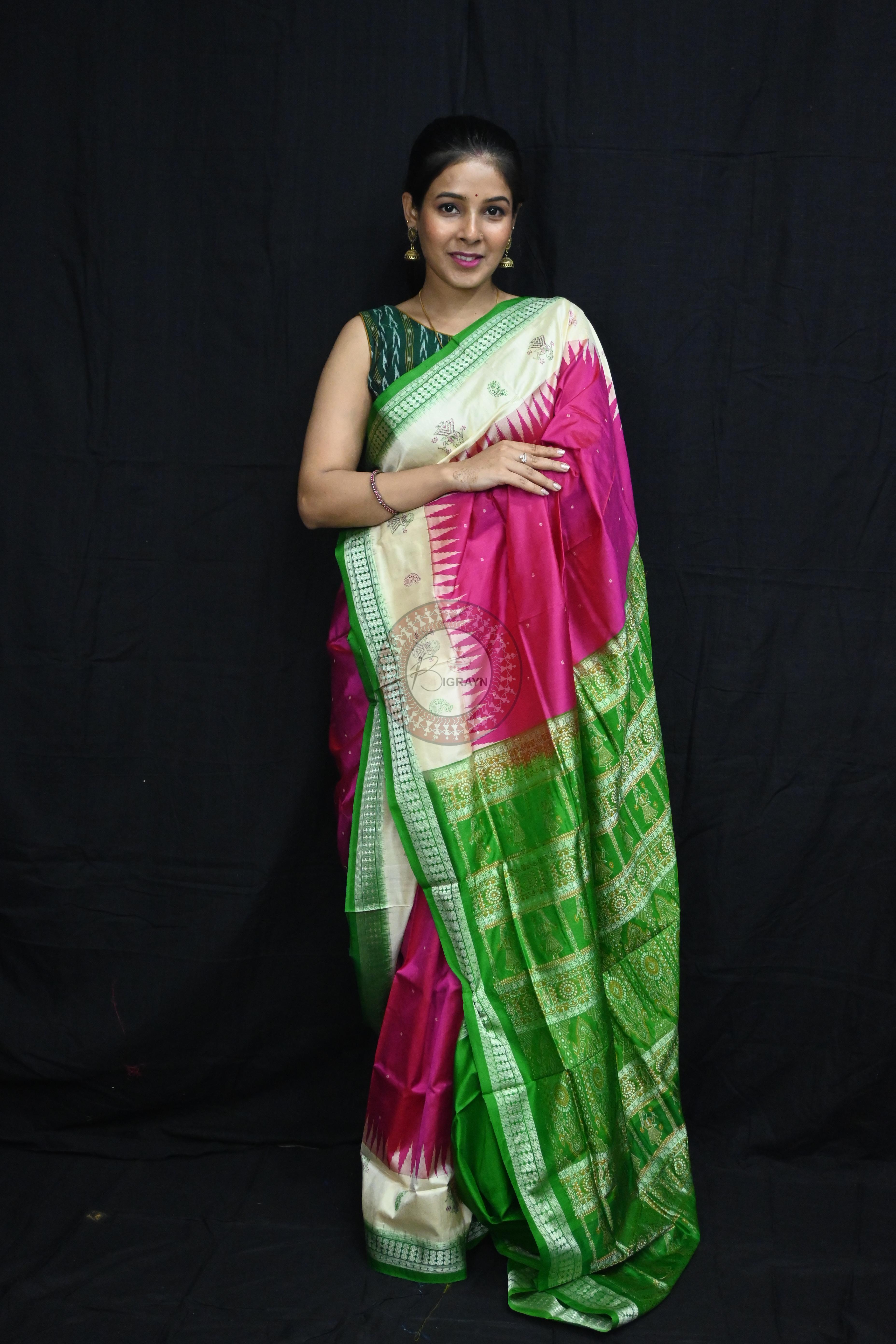 Pink Green Doll Anchal Bomkai Silk Saree