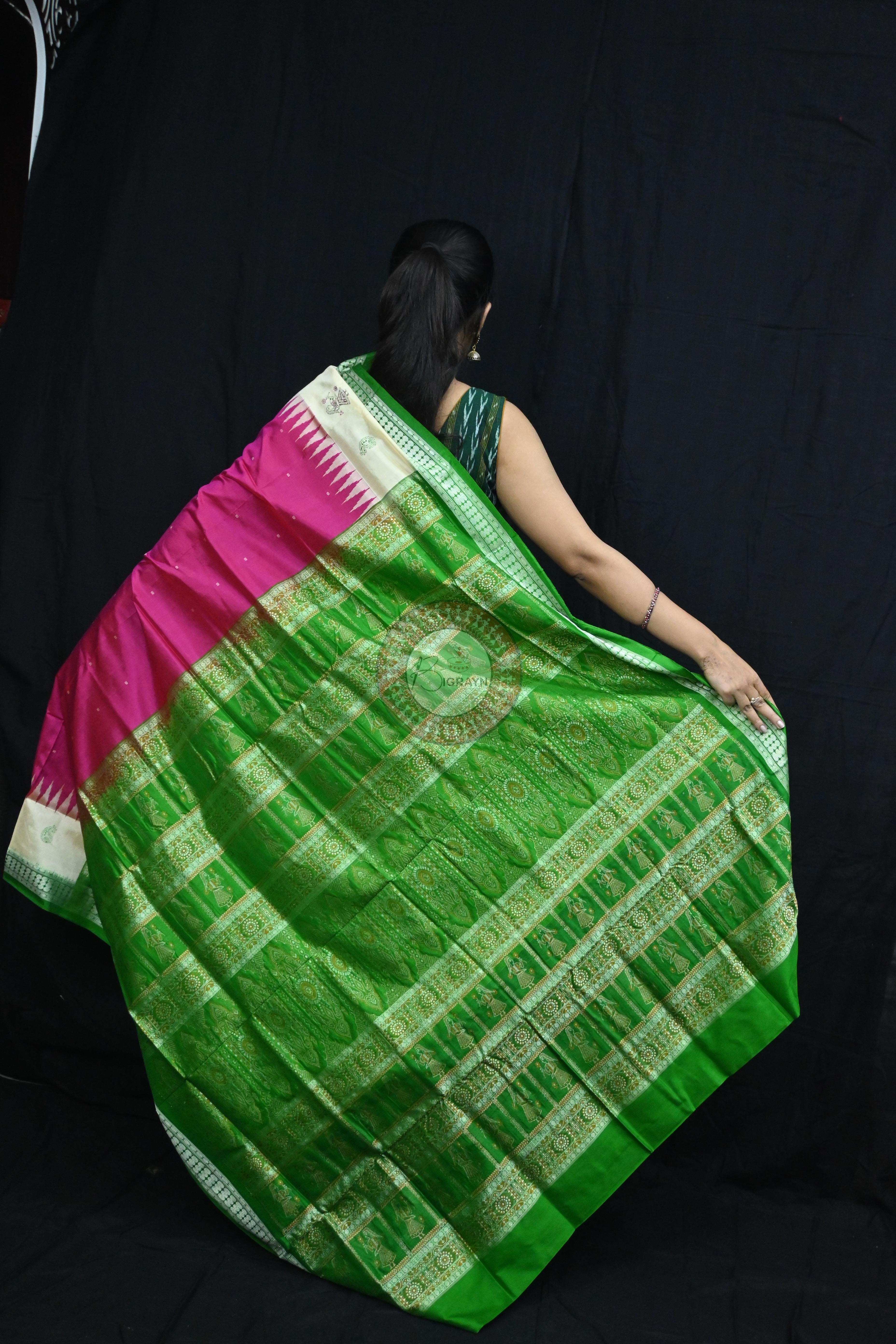 Pink Green Doll Anchal Bomkai Silk Saree