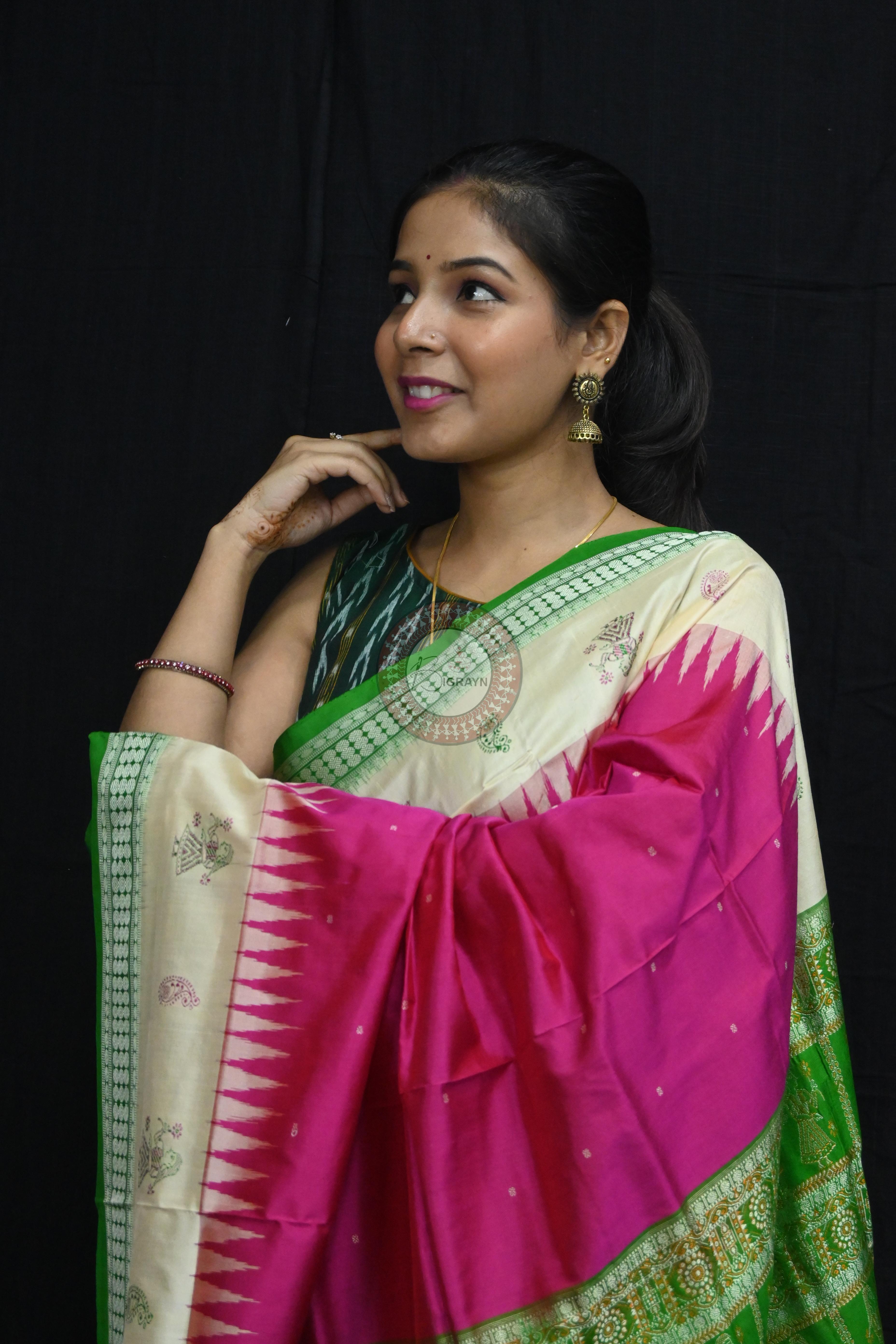 Pink Green Doll Anchal Bomkai Silk Saree