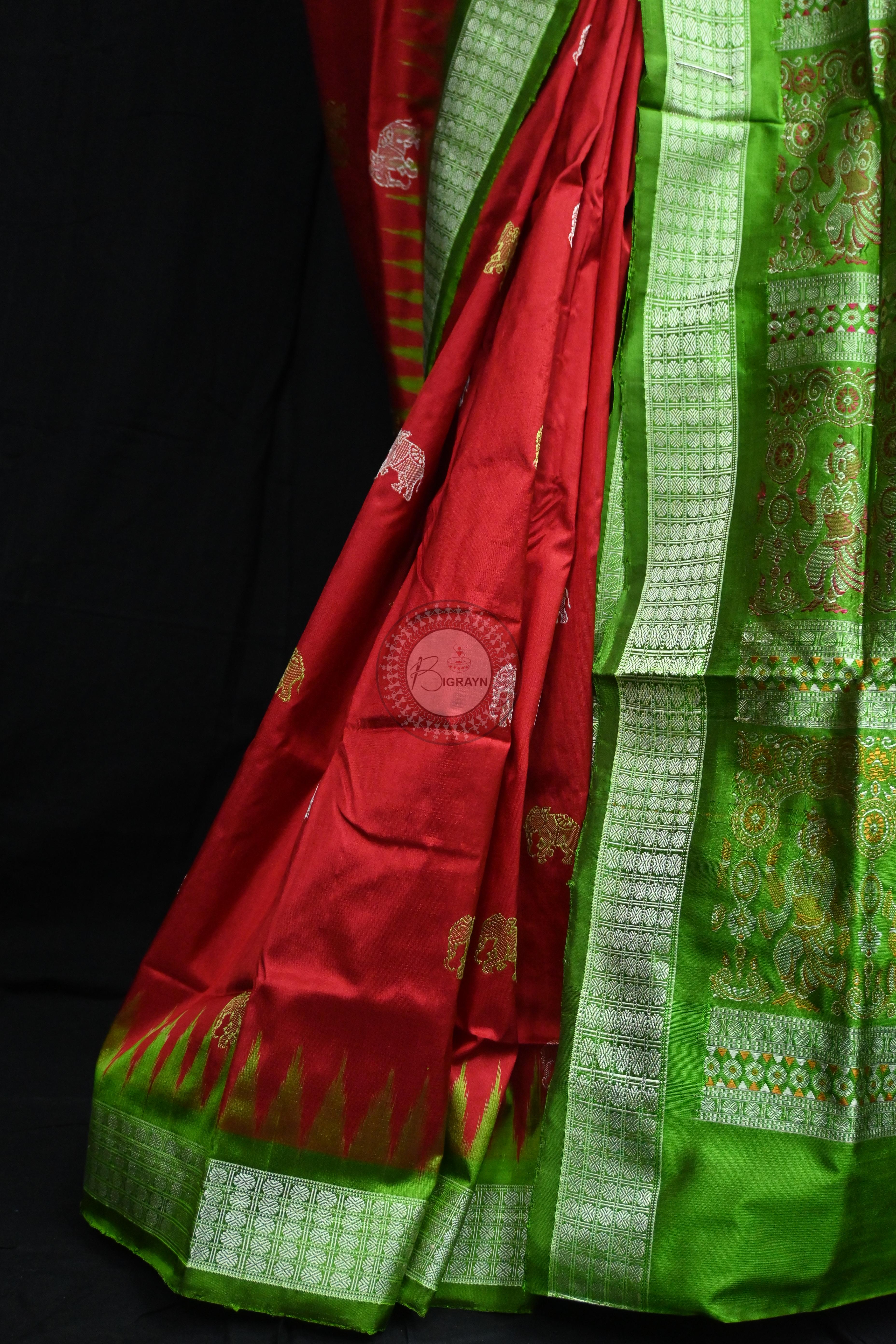 Red Green Elephant Bomkai Silk Saree