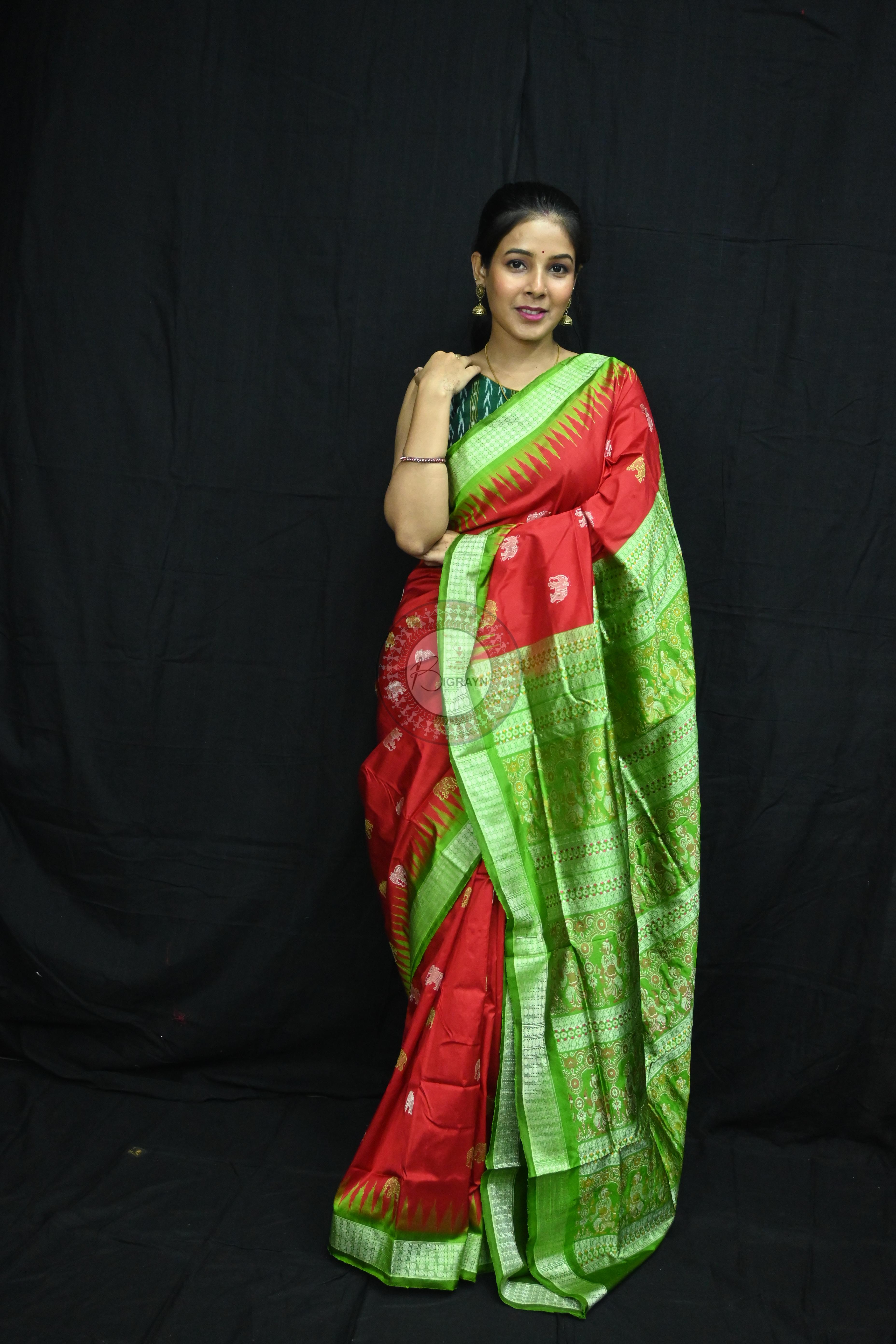 Red Green Elephant Bomkai Silk Saree
