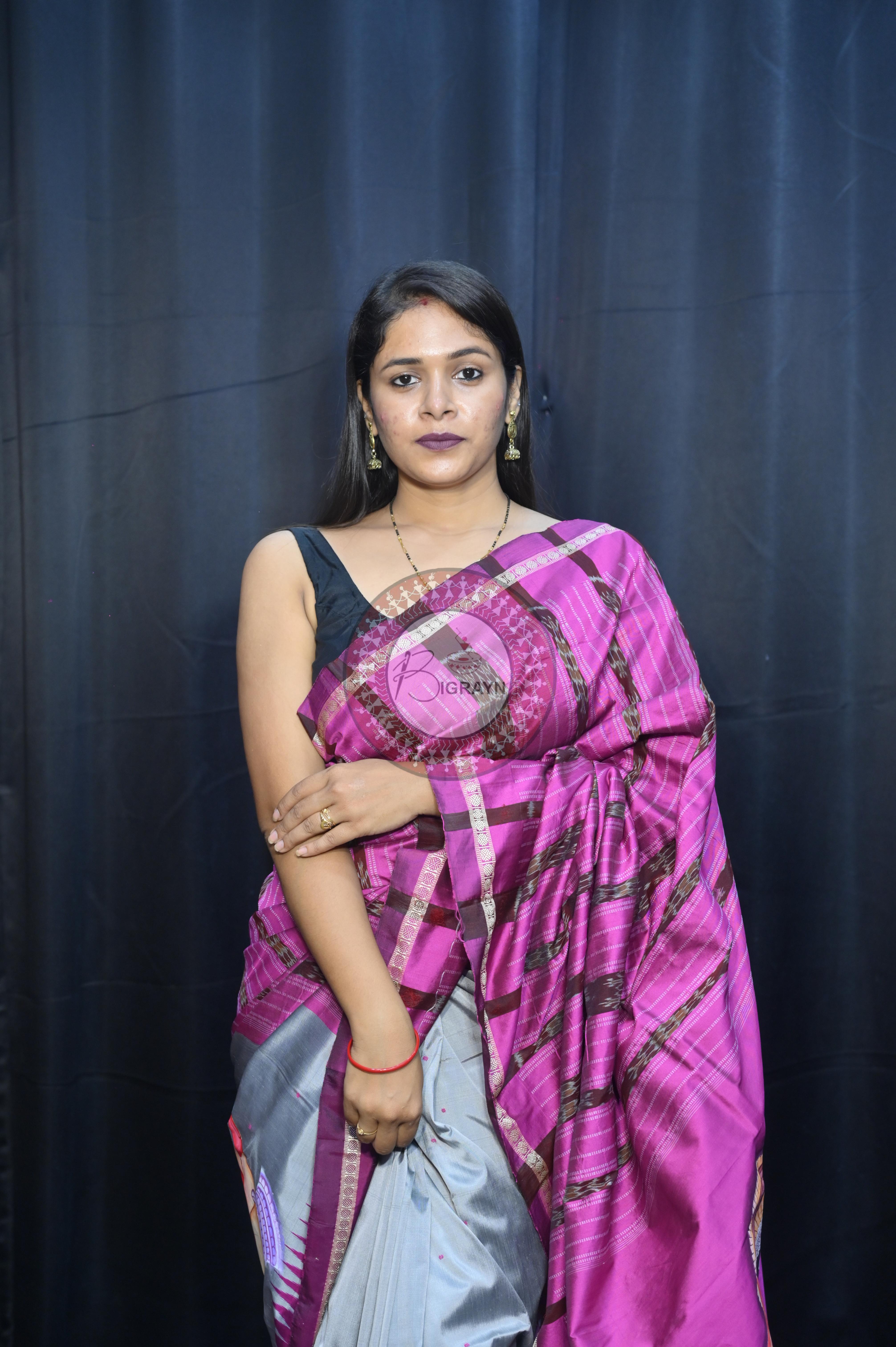 Grey Magenta Odishi Dancer Theme Pattachitra Sambalpuri Silk Saree