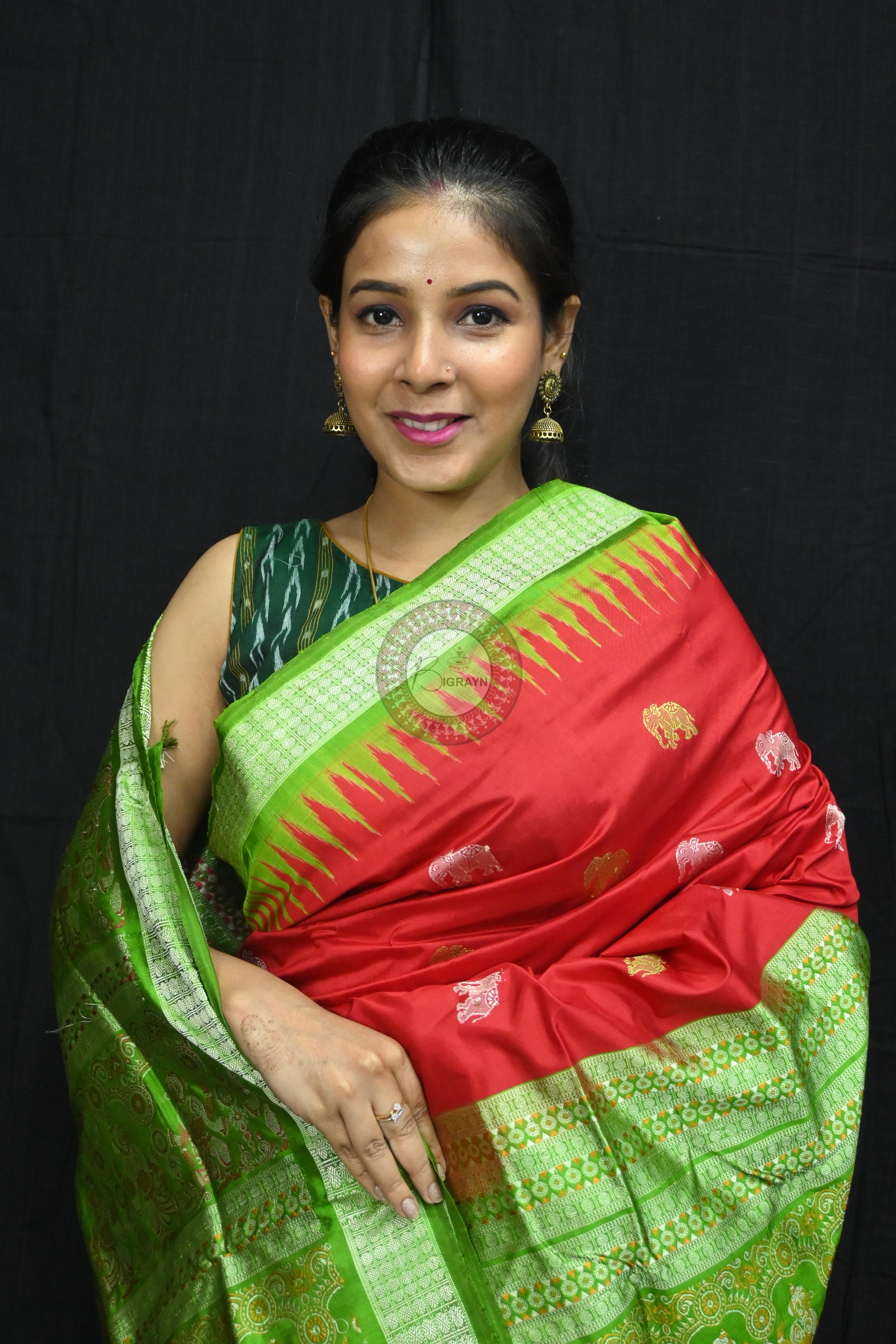 Red Green Elephant Bomkai Silk Saree