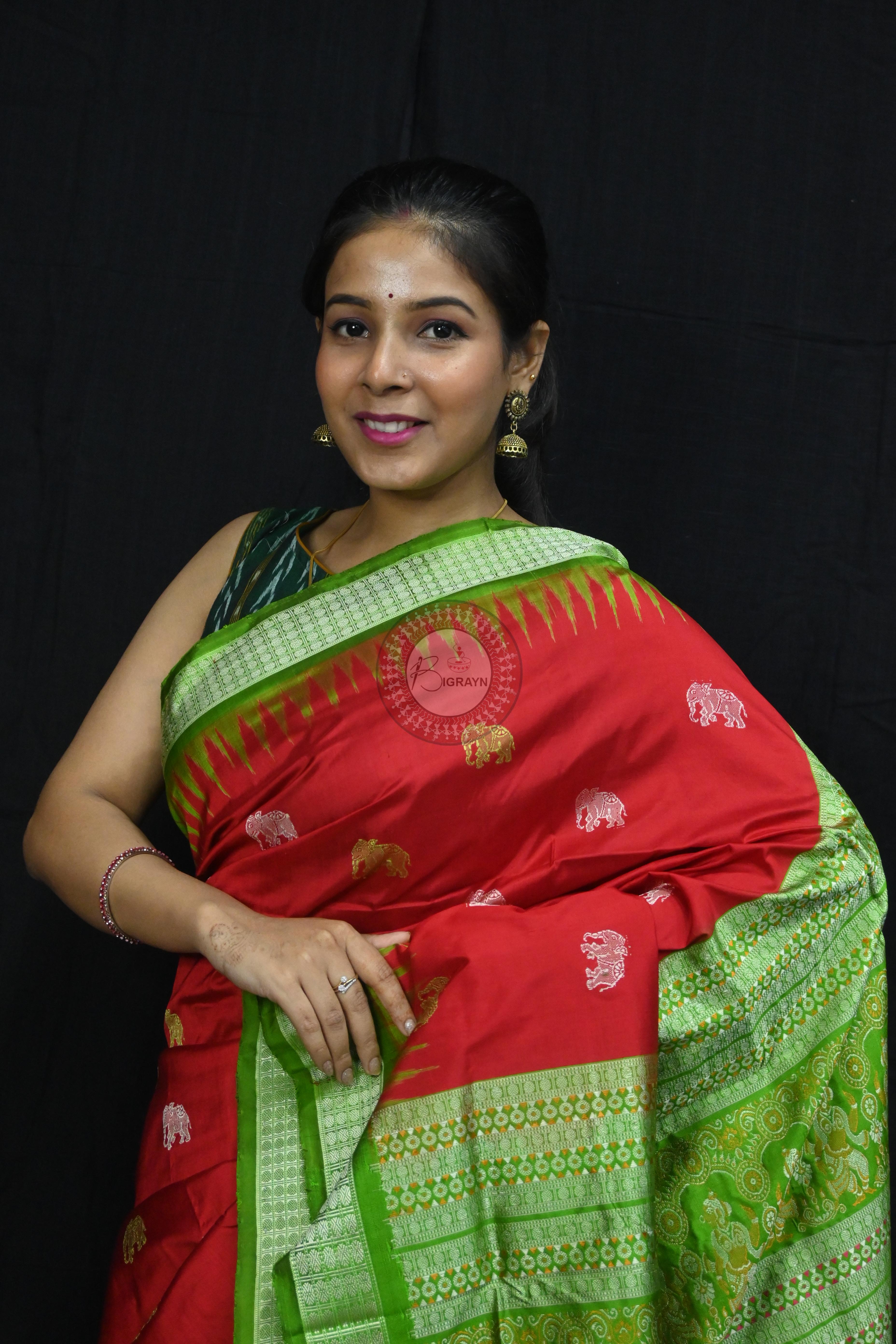 Red Green Elephant Bomkai Silk Saree