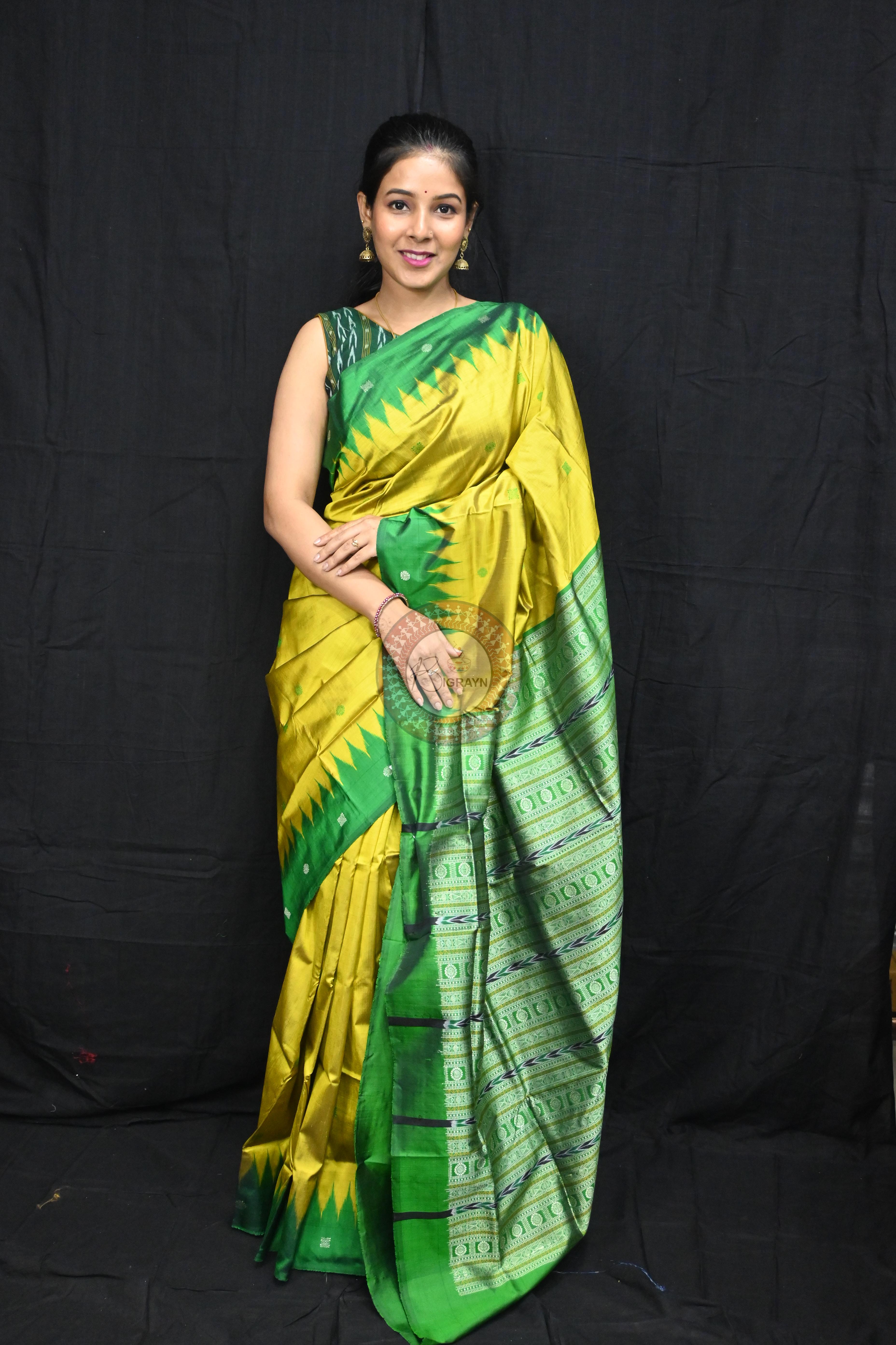 Golden Green Circle Squares Bomkai Silk Saree