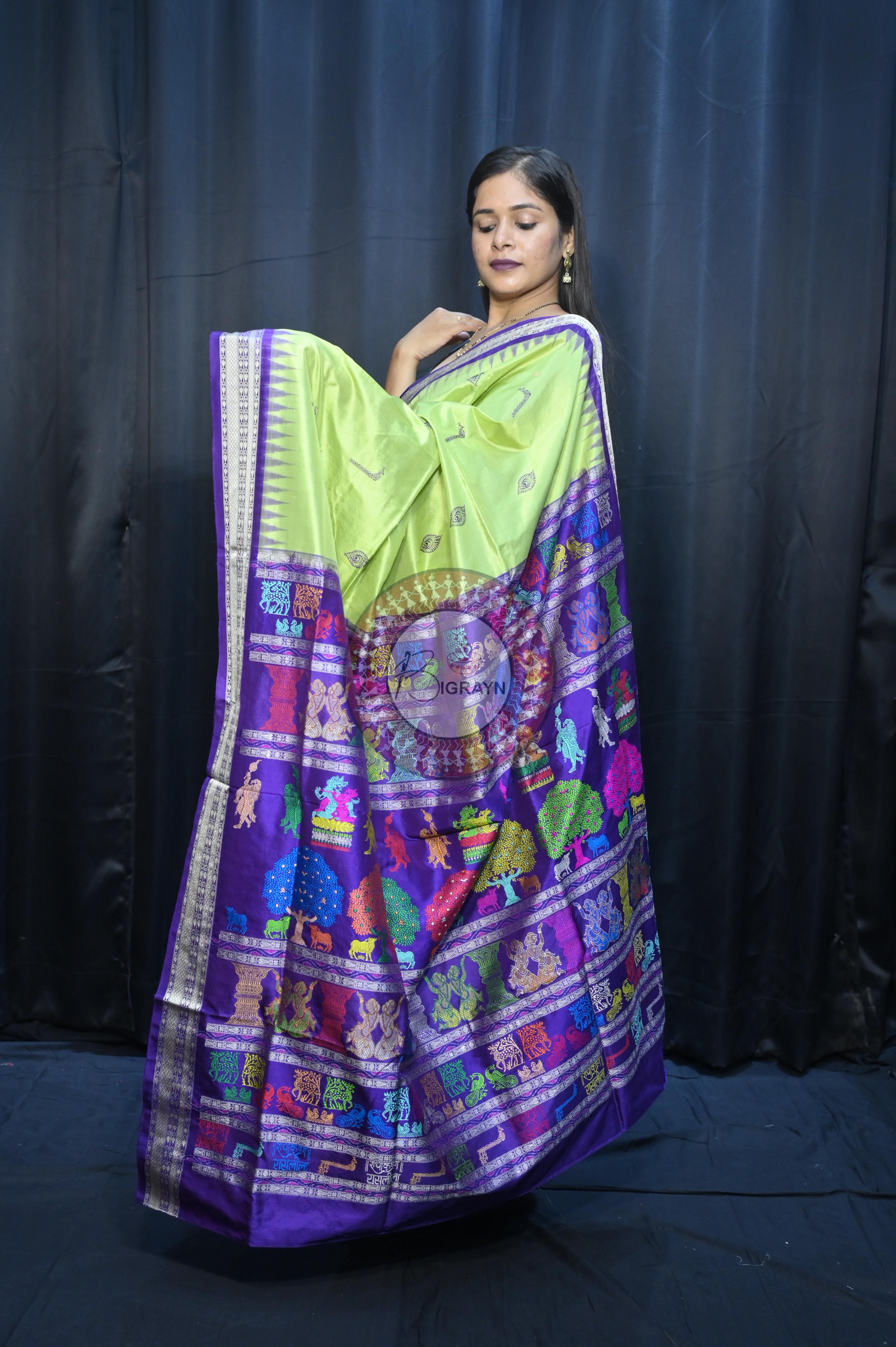 Light Green Purple Rasleela Exclusive Sambalpuri Silk Saree