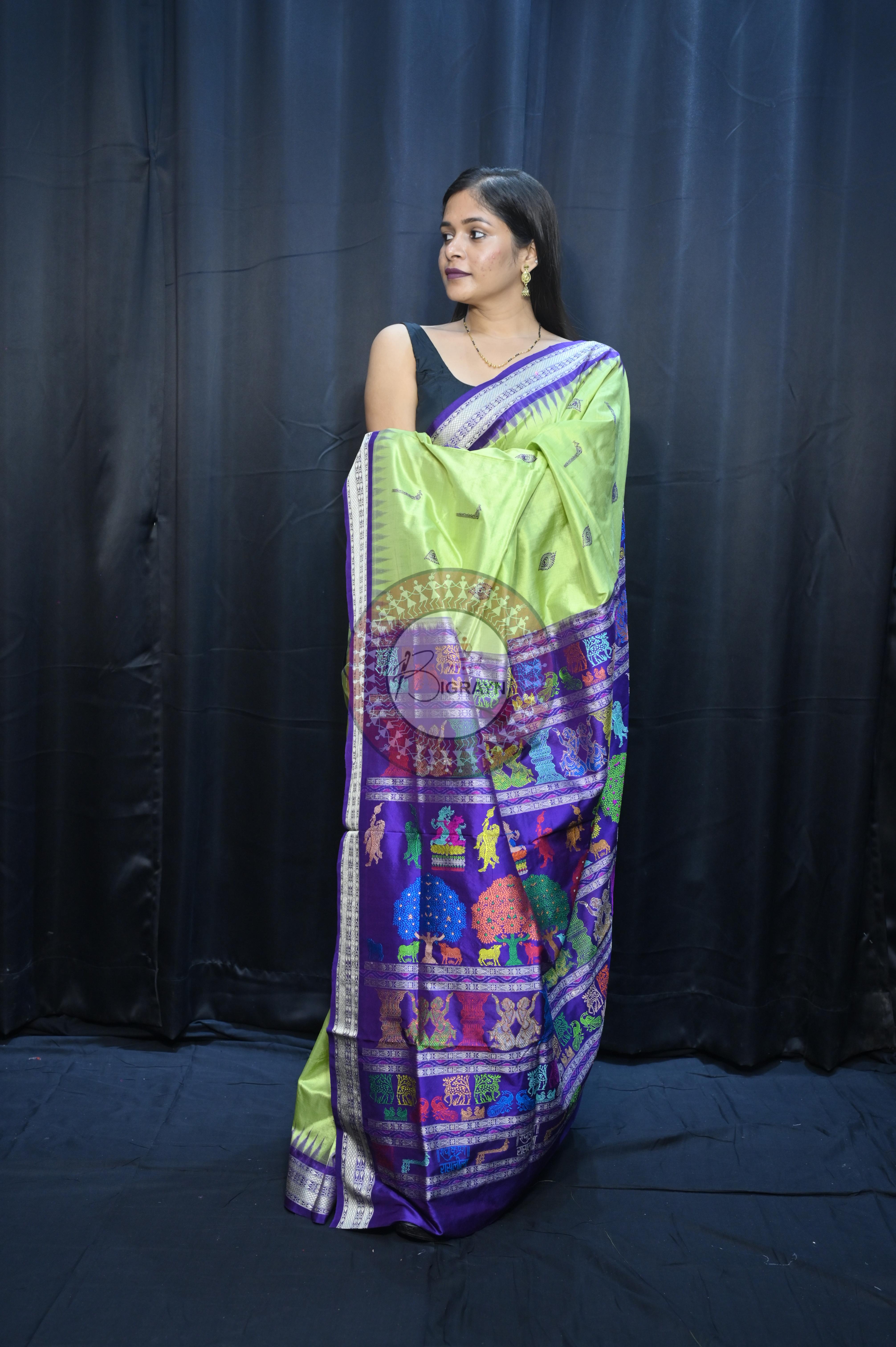Light Green Purple Rasleela Exclusive Sambalpuri Silk Saree