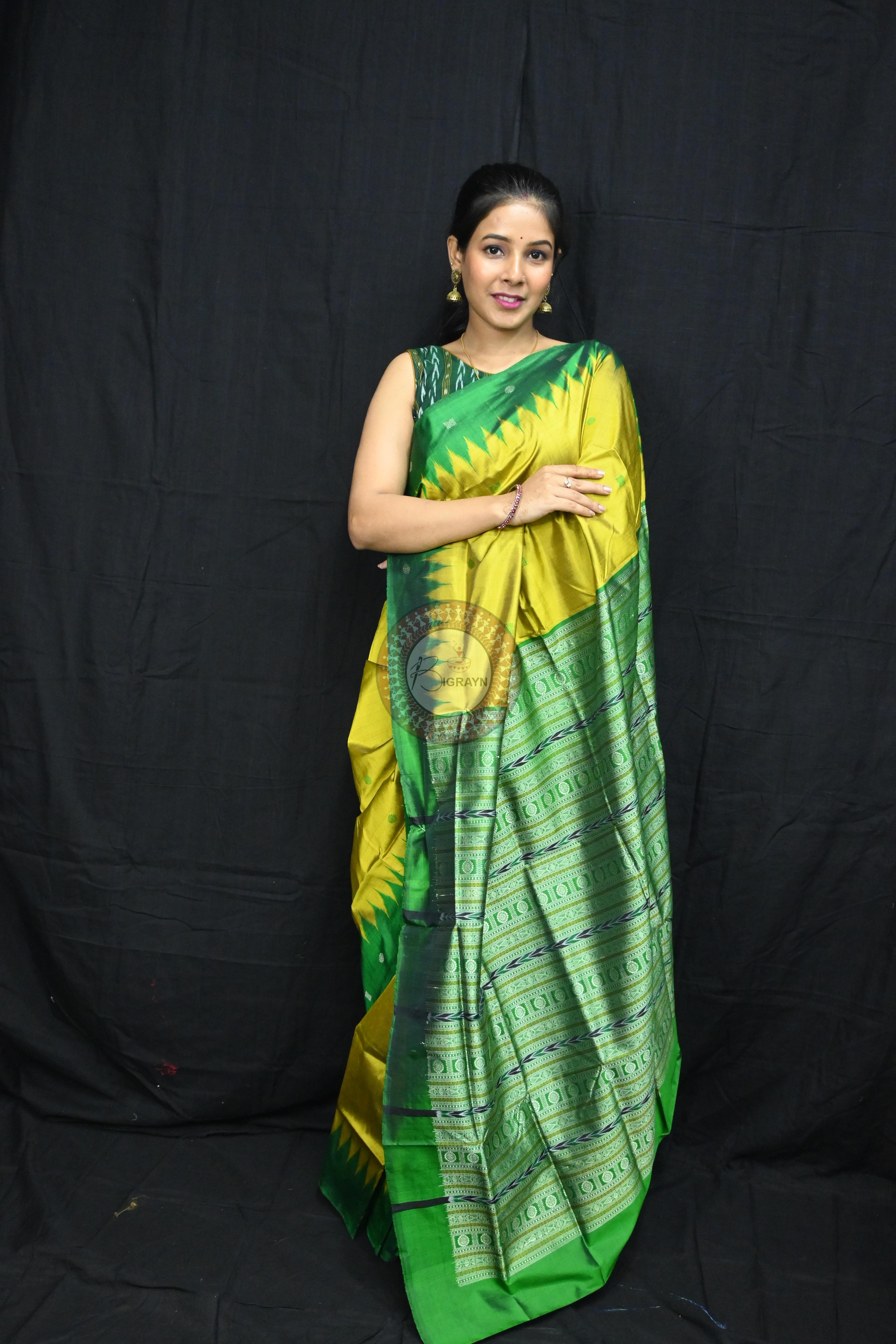 Golden Green Circle Squares Bomkai Silk Saree