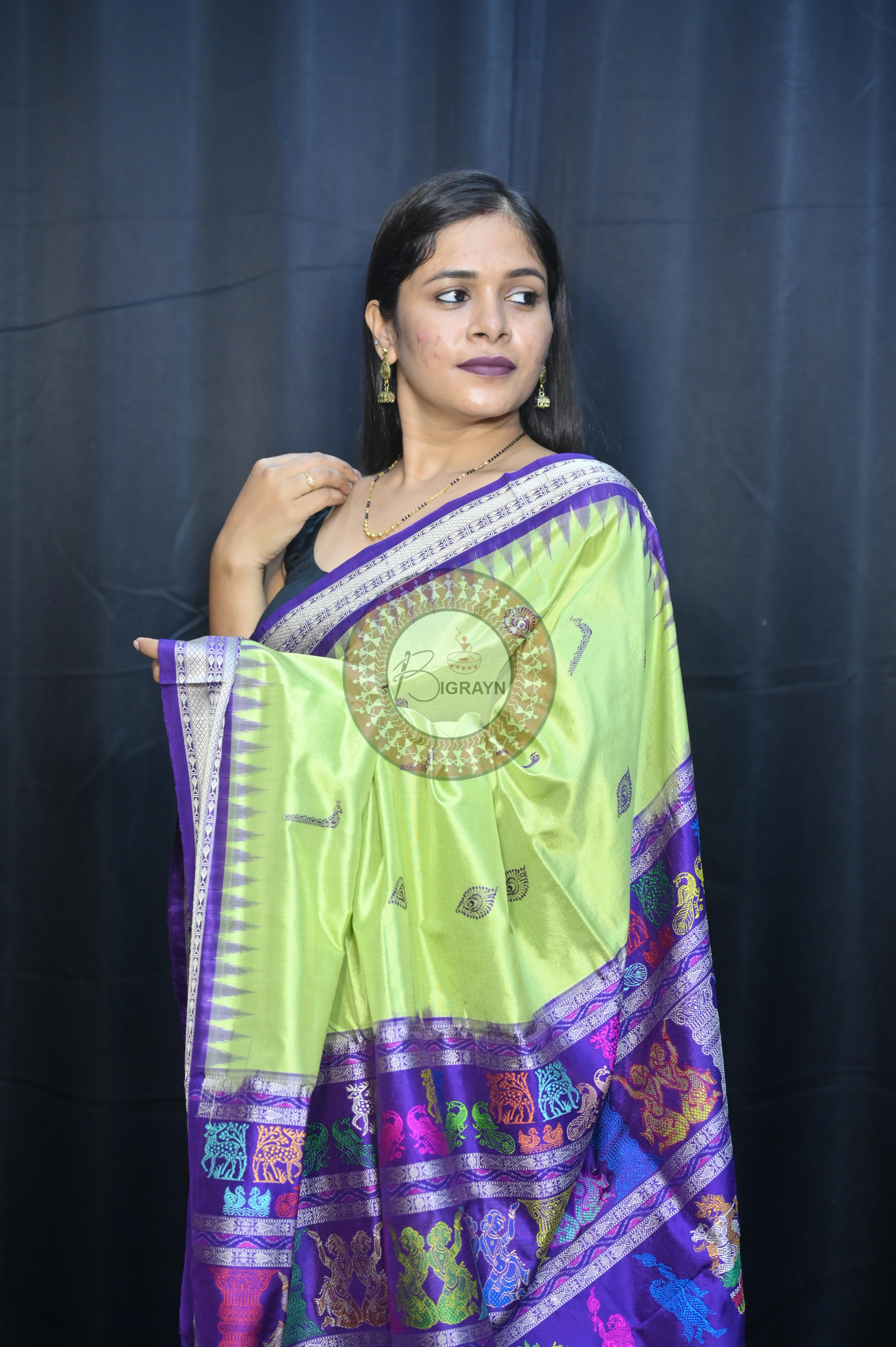 Light Green Purple Rasleela Exclusive Sambalpuri Silk Saree