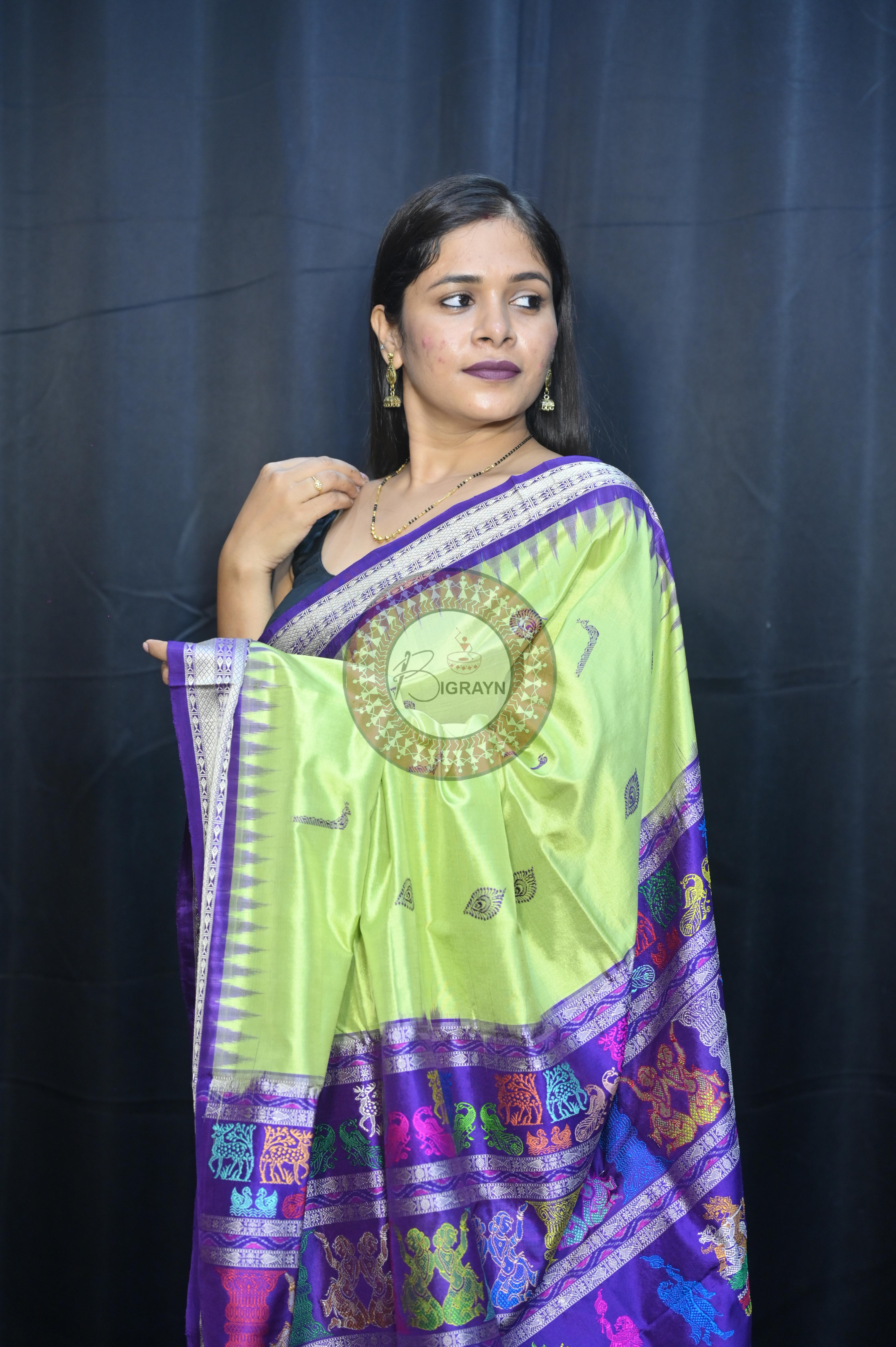 Light Green Purple Rasleela Exclusive Sambalpuri Silk Saree
