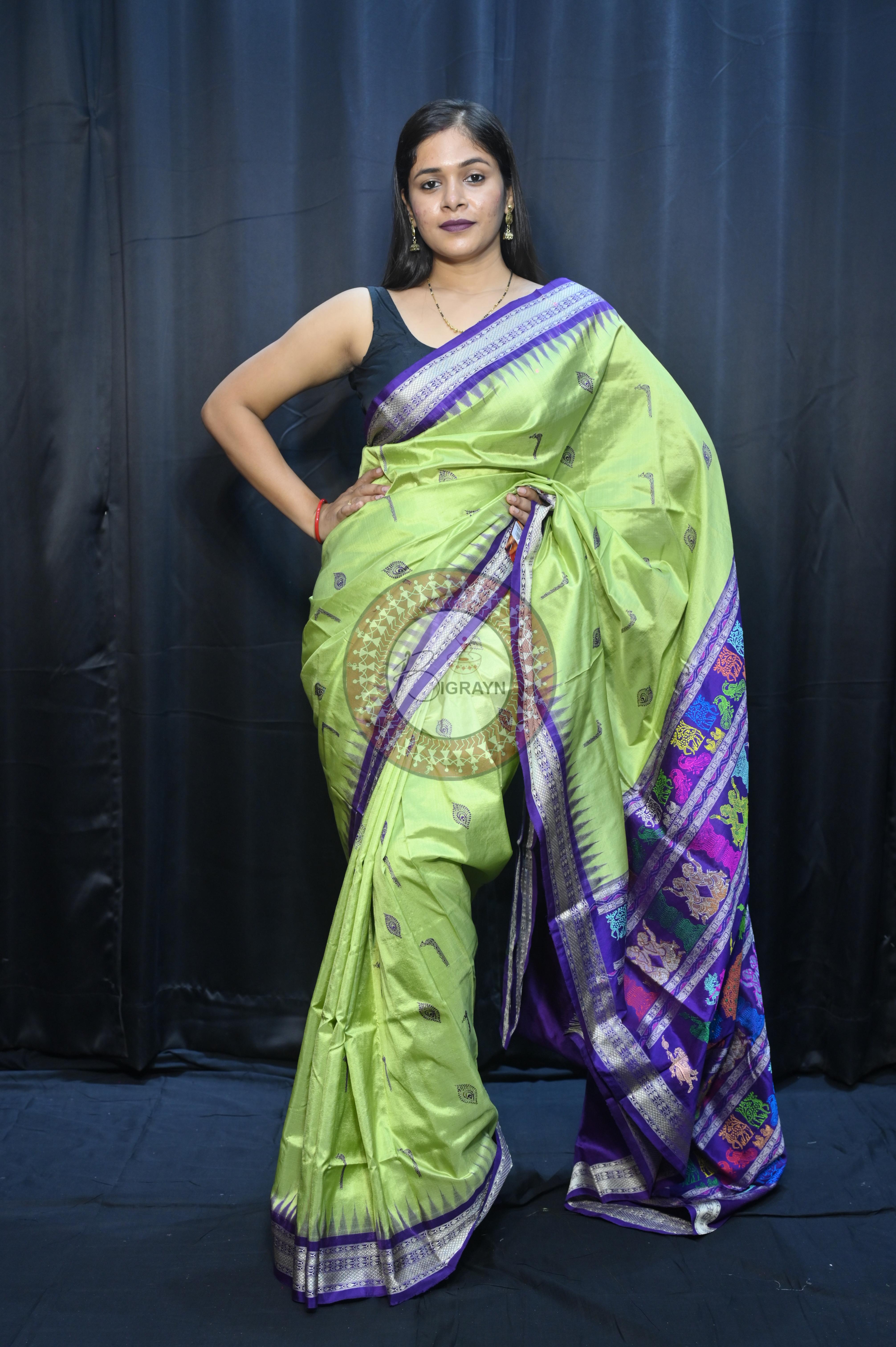 Light Green Purple Rasleela Exclusive Sambalpuri Silk Saree