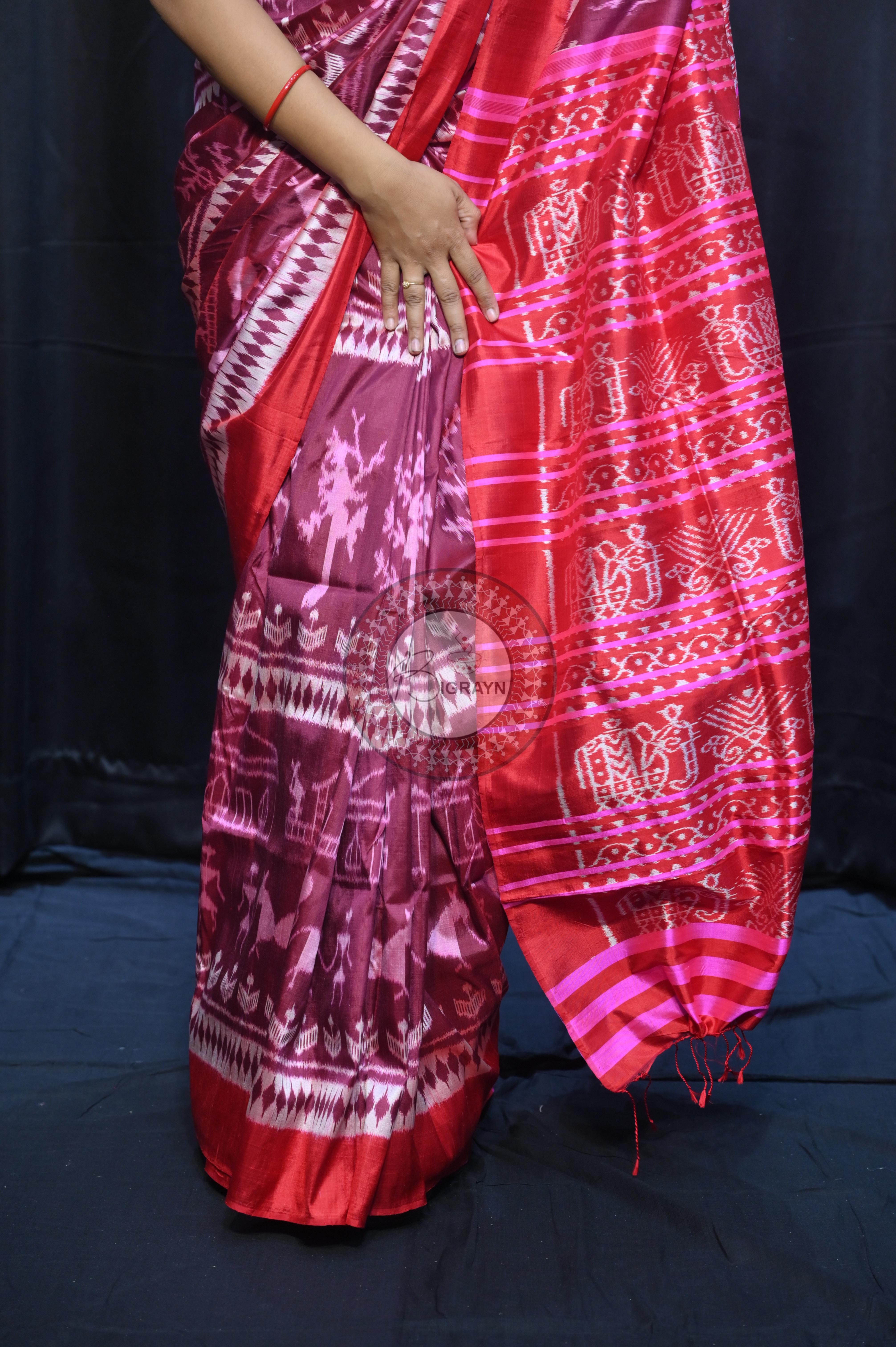 Deep Shade Maroon Pink Tribal And House Design Mulberry Silk Saree