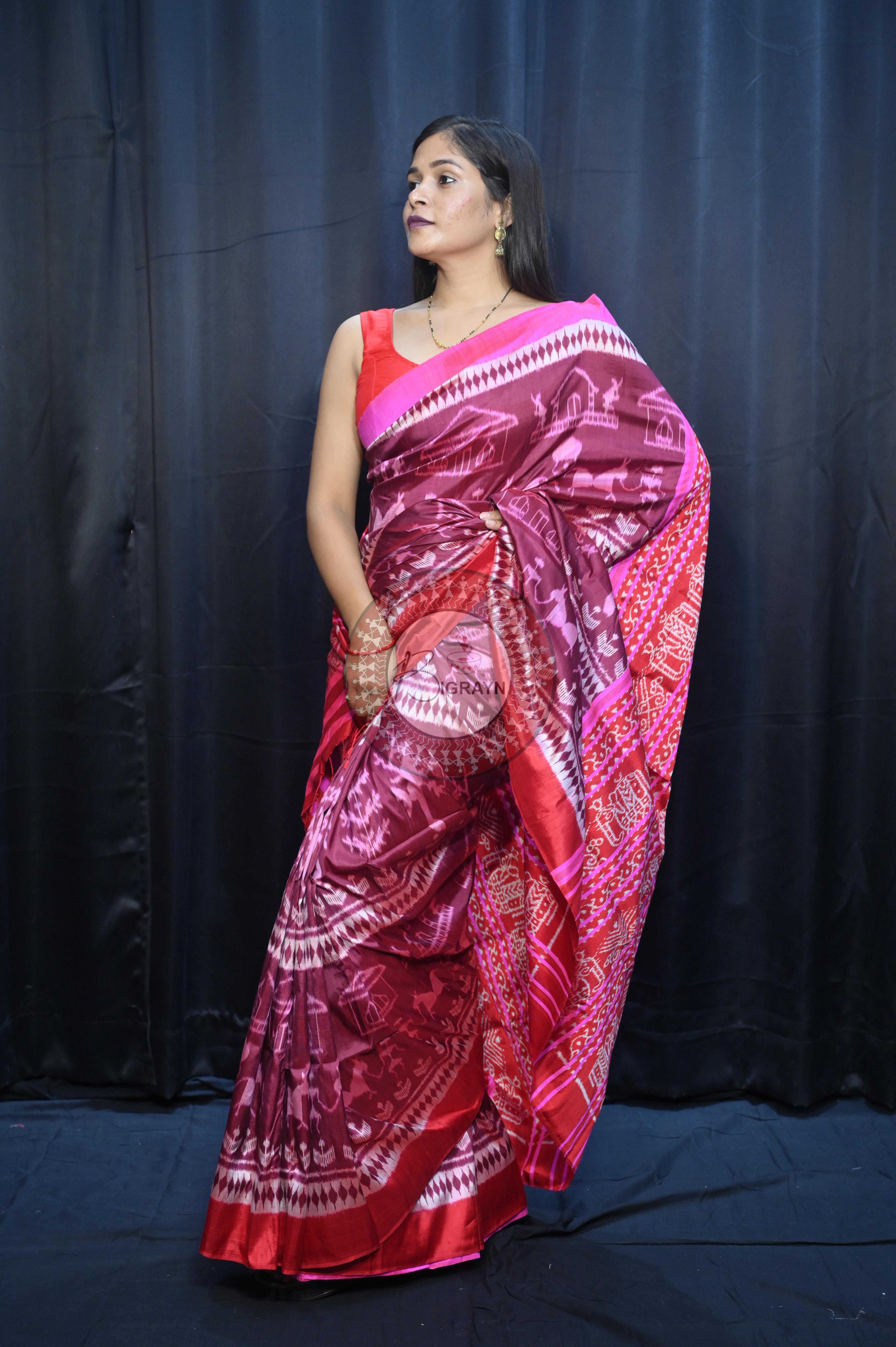 Deep Shade Maroon Pink Tribal And House Design Mulberry Silk Saree
