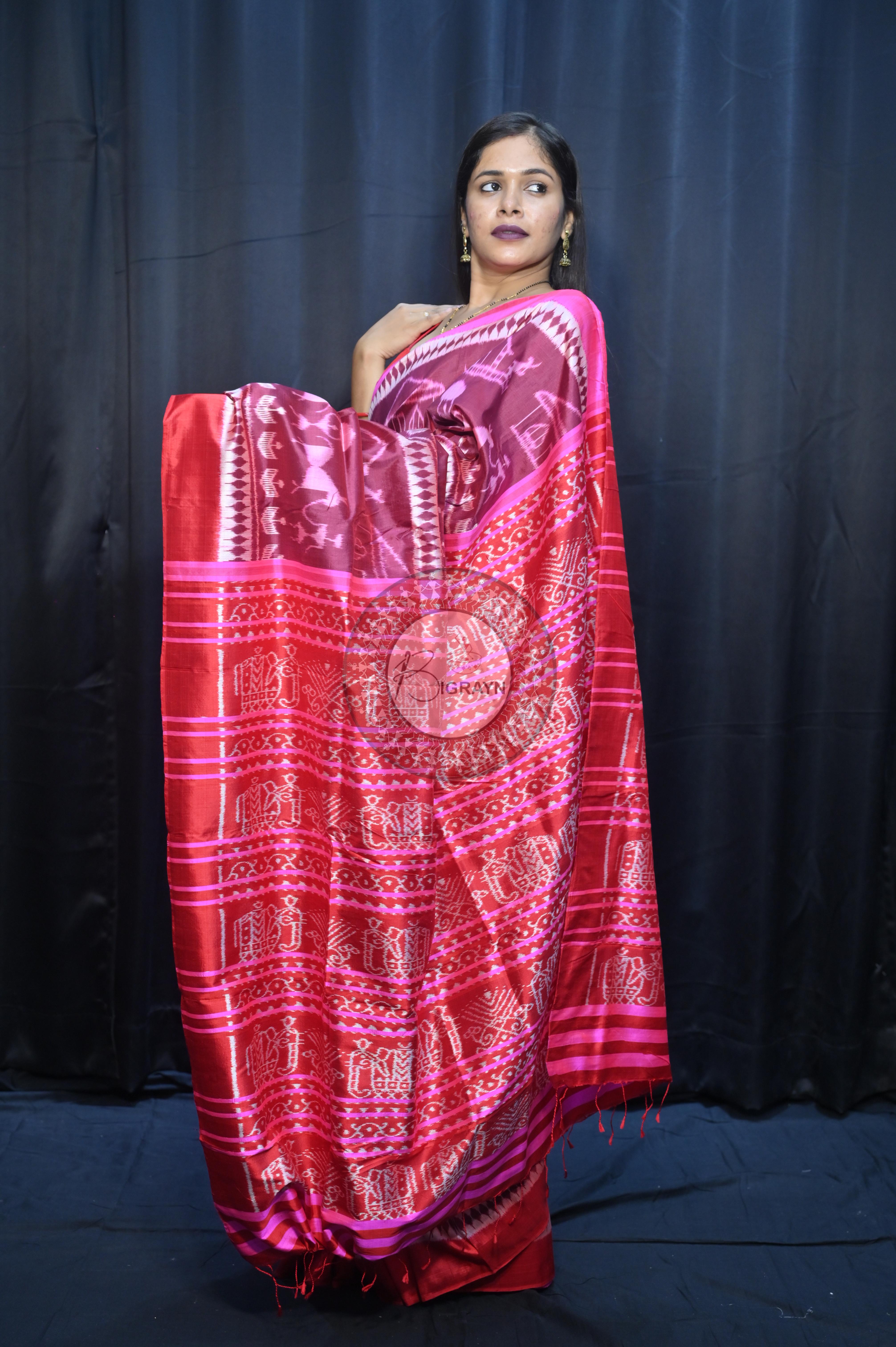 Deep Shade Maroon Pink Tribal And House Design Mulberry Silk Saree