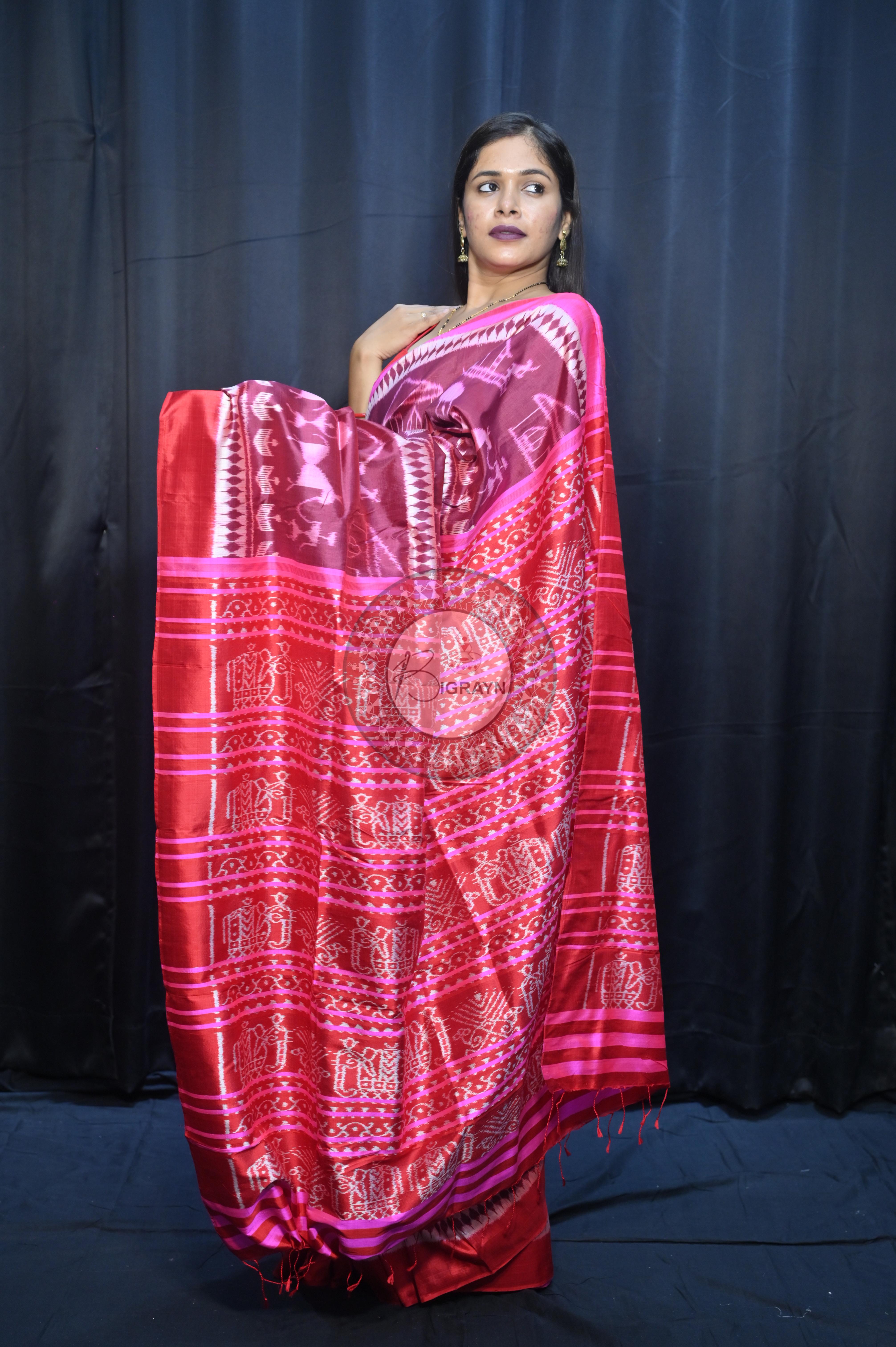 Deep Shade Maroon Pink Tribal And House Design Mulberry Silk Saree