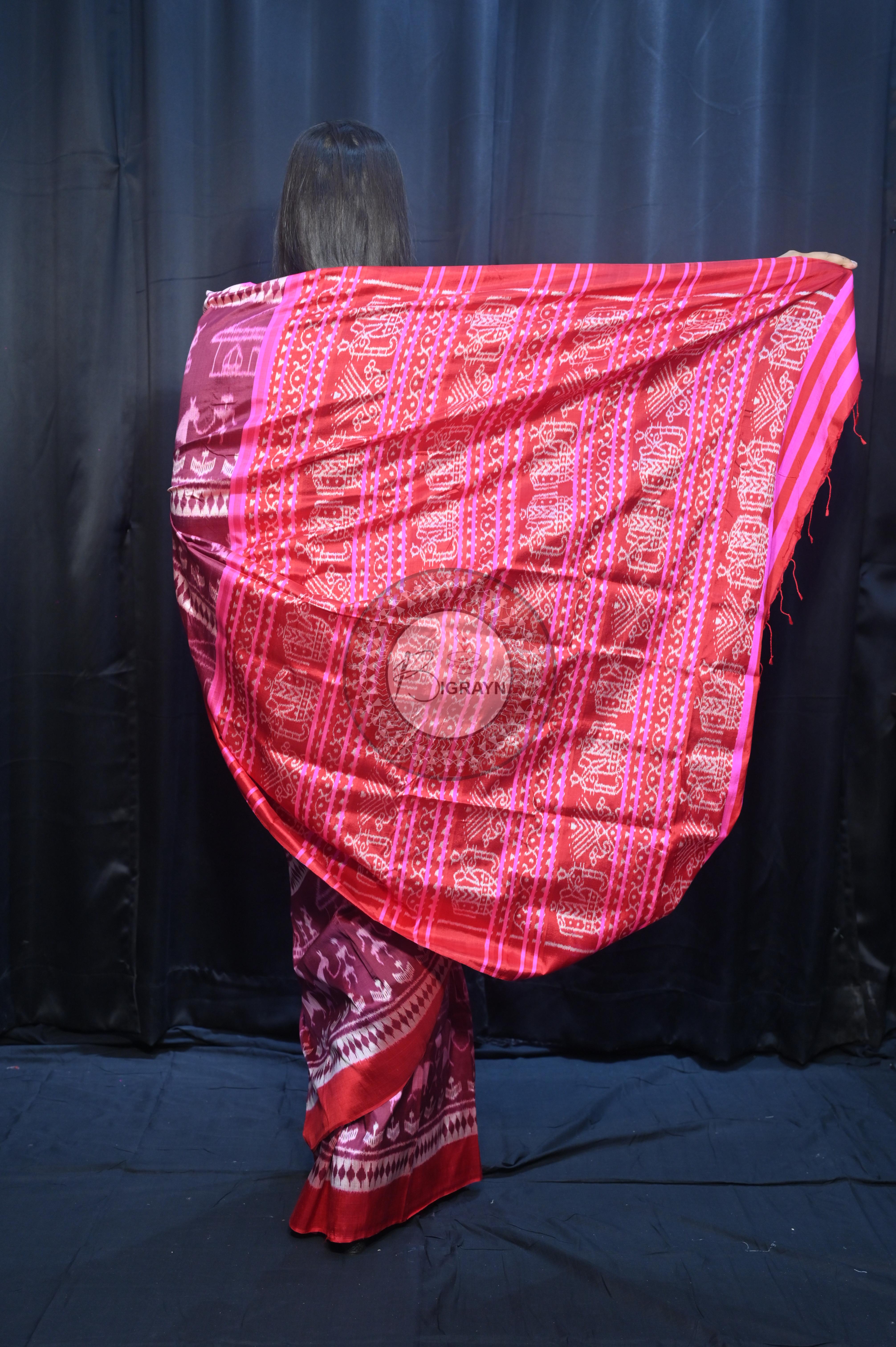 Deep Shade Maroon Pink Tribal And House Design Mulberry Silk Saree