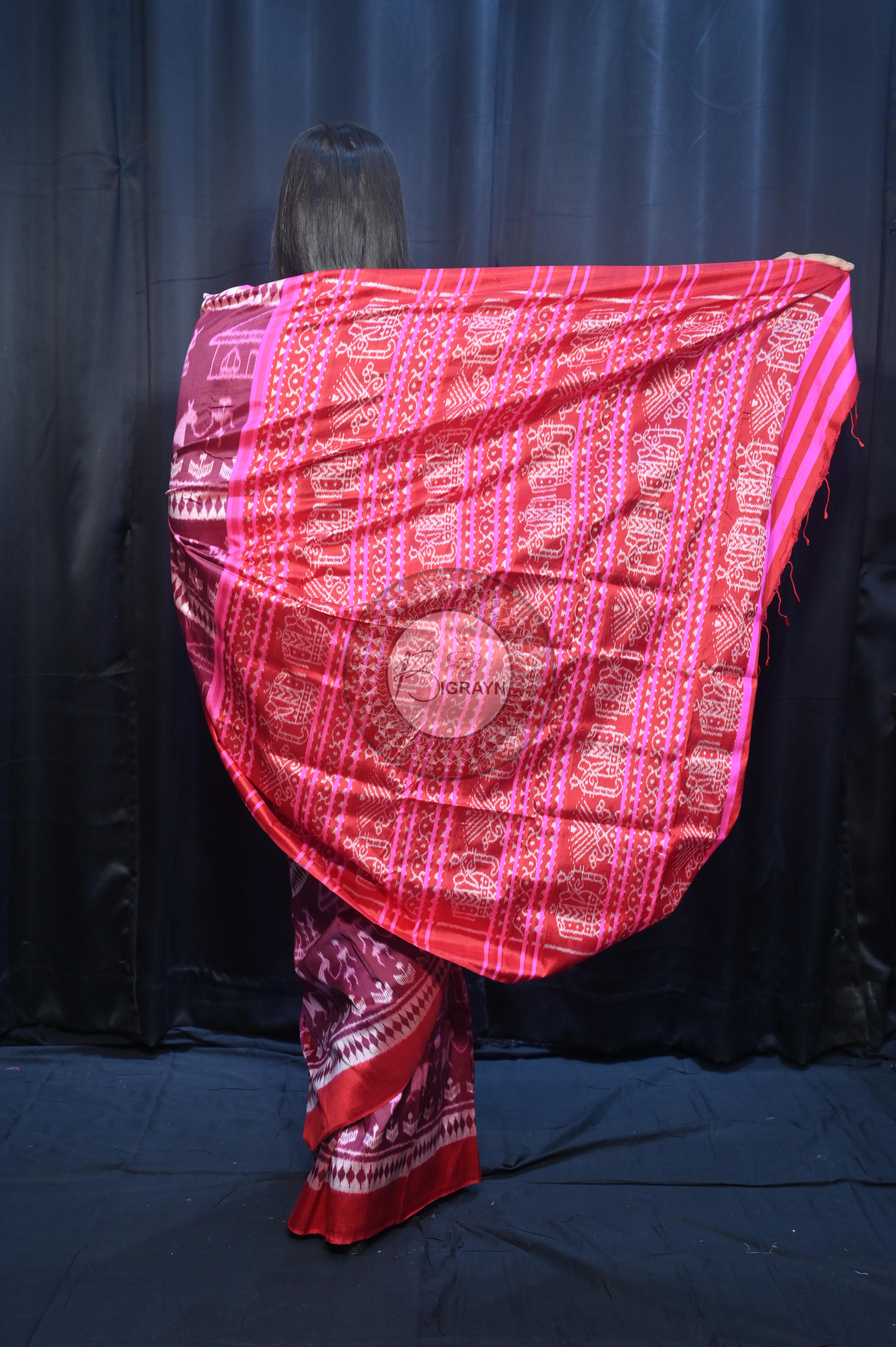 Deep Shade Maroon Pink Tribal And House Design Mulberry Silk Saree