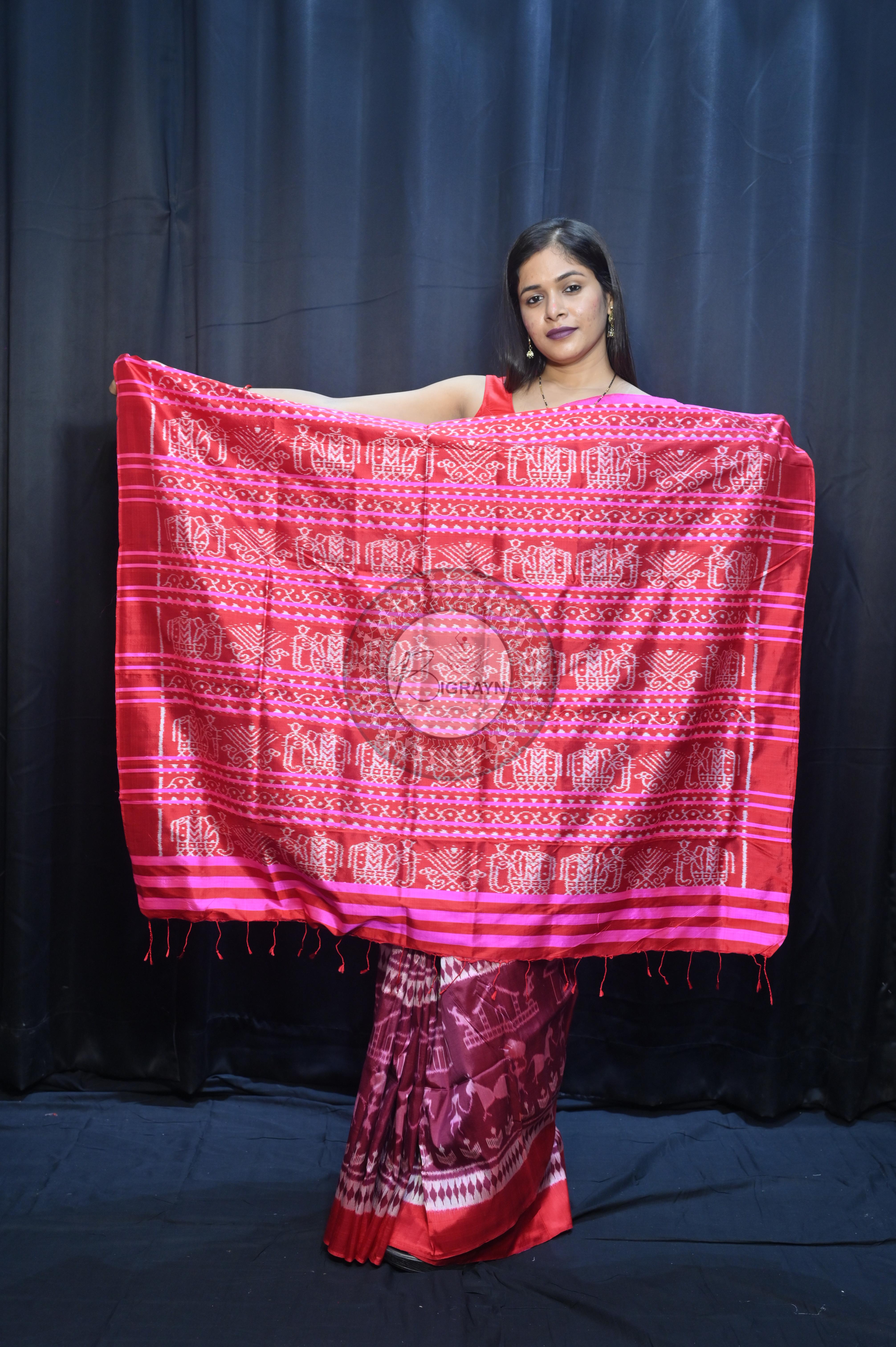 Deep Shade Maroon Pink Tribal And House Design Mulberry Silk Saree