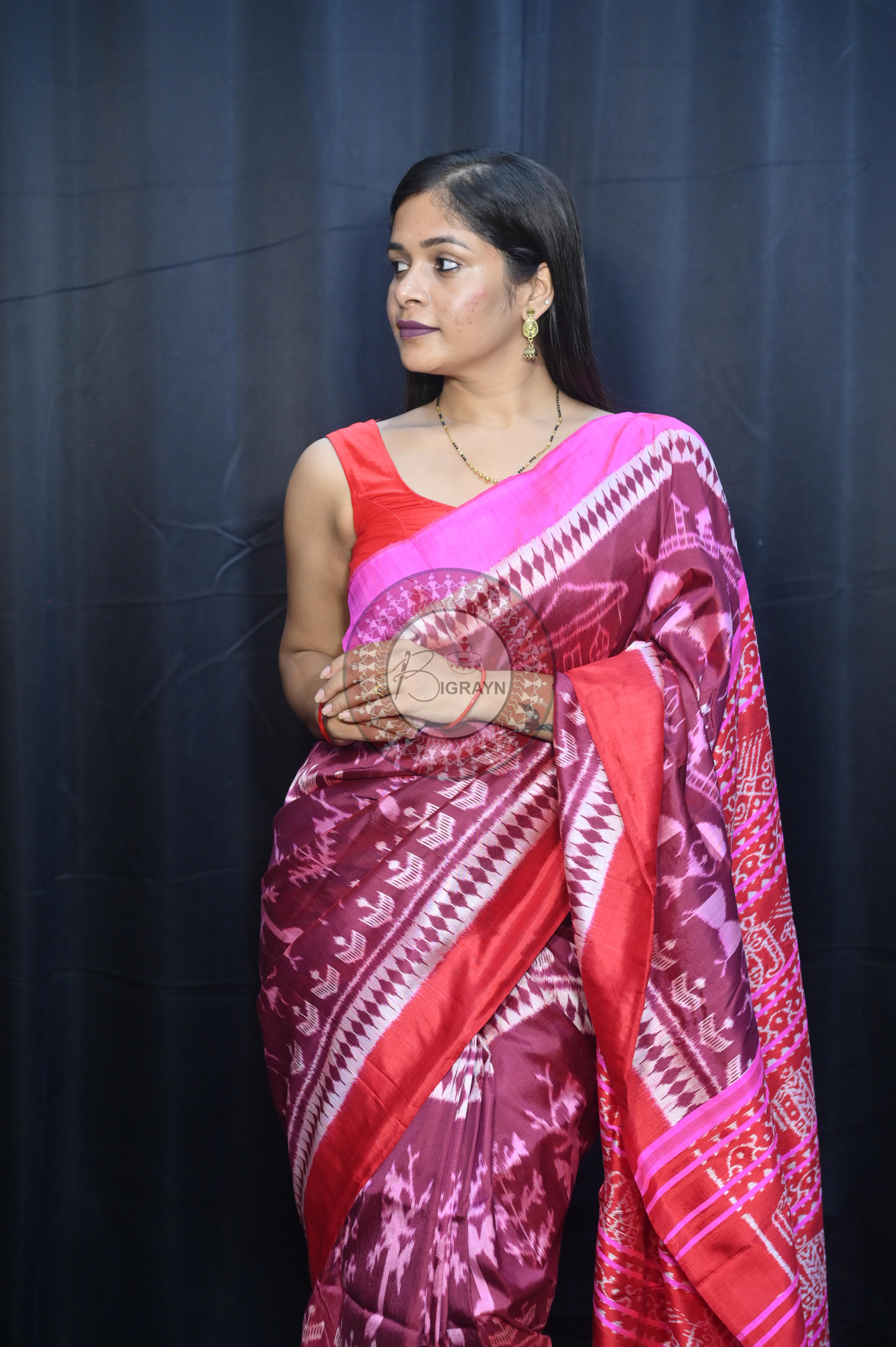 Deep Shade Maroon Pink Tribal And House Design Mulberry Silk Saree