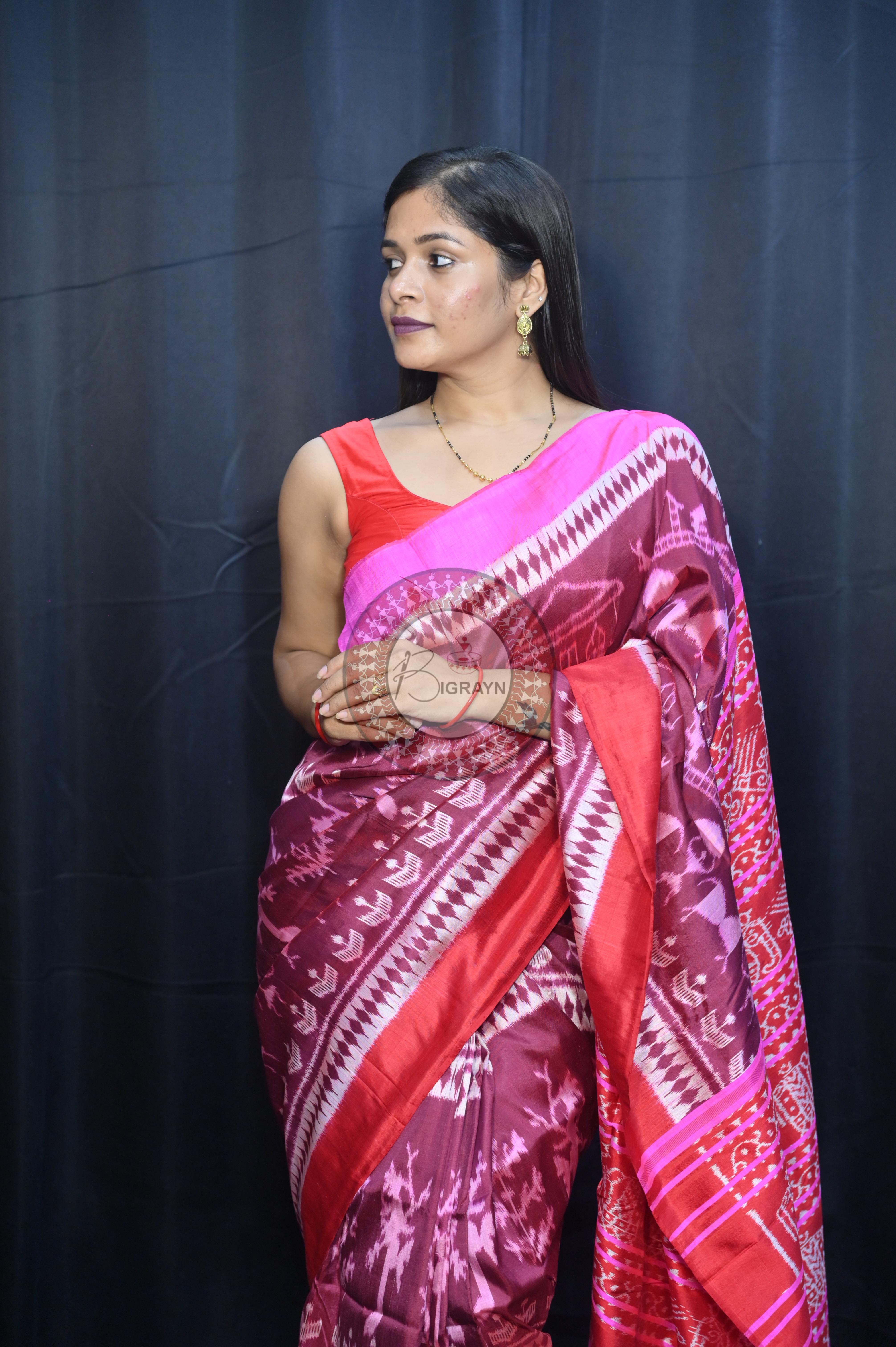 Deep Shade Maroon Pink Tribal And House Design Mulberry Silk Saree