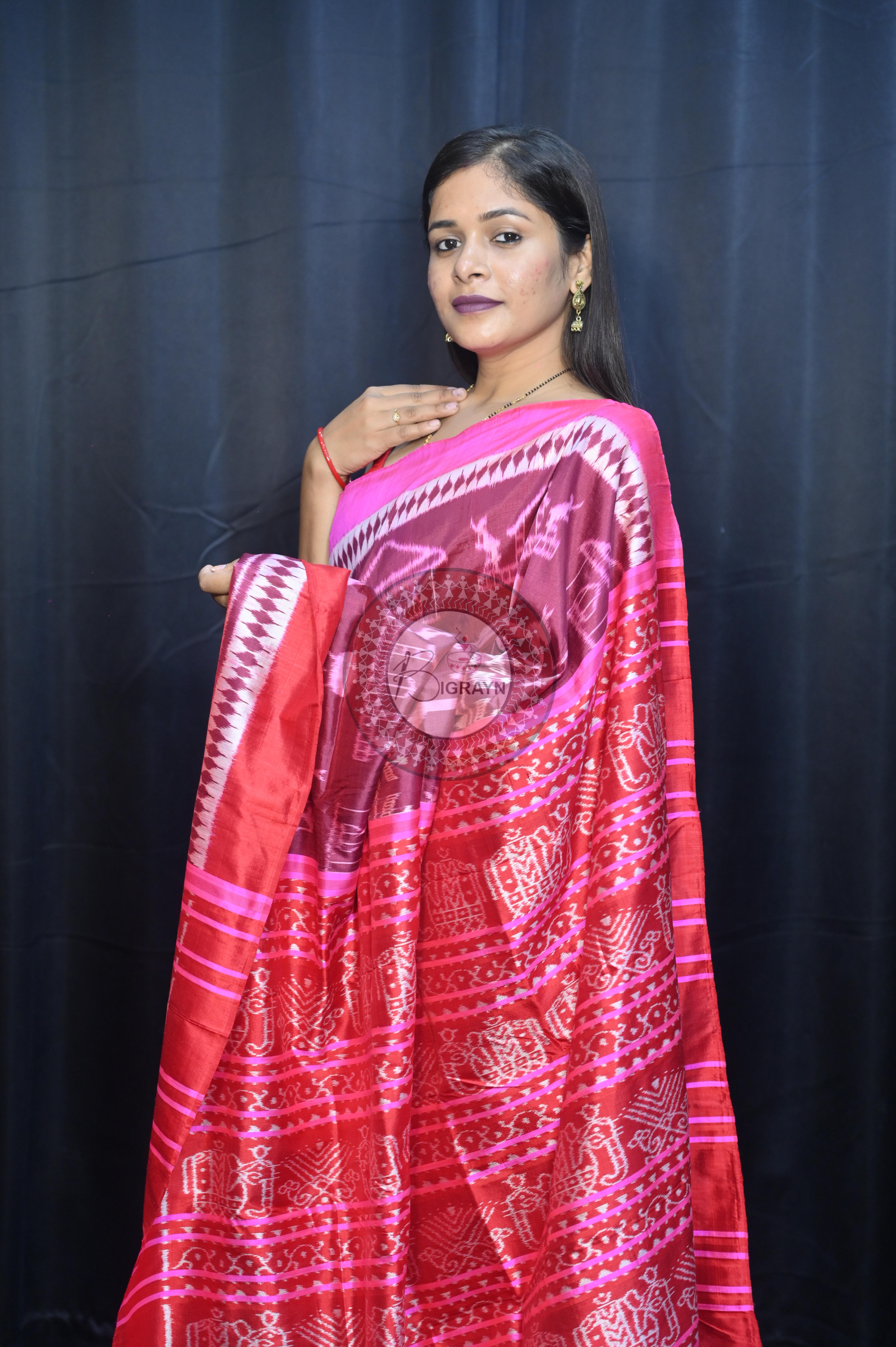 Deep Shade Maroon Pink Tribal And House Design Mulberry Silk Saree