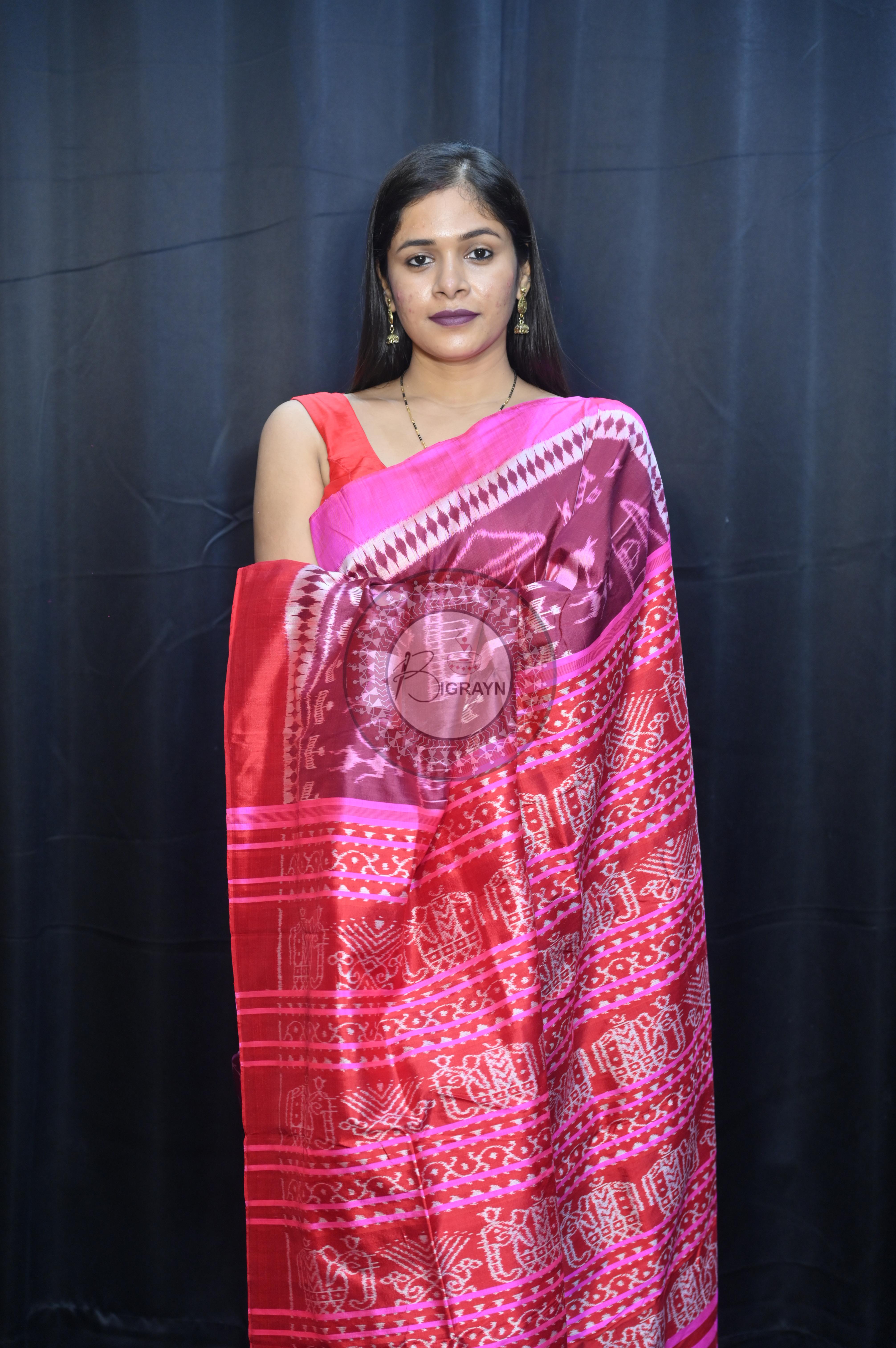 Deep Shade Maroon Pink Tribal And House Design Mulberry Silk Saree