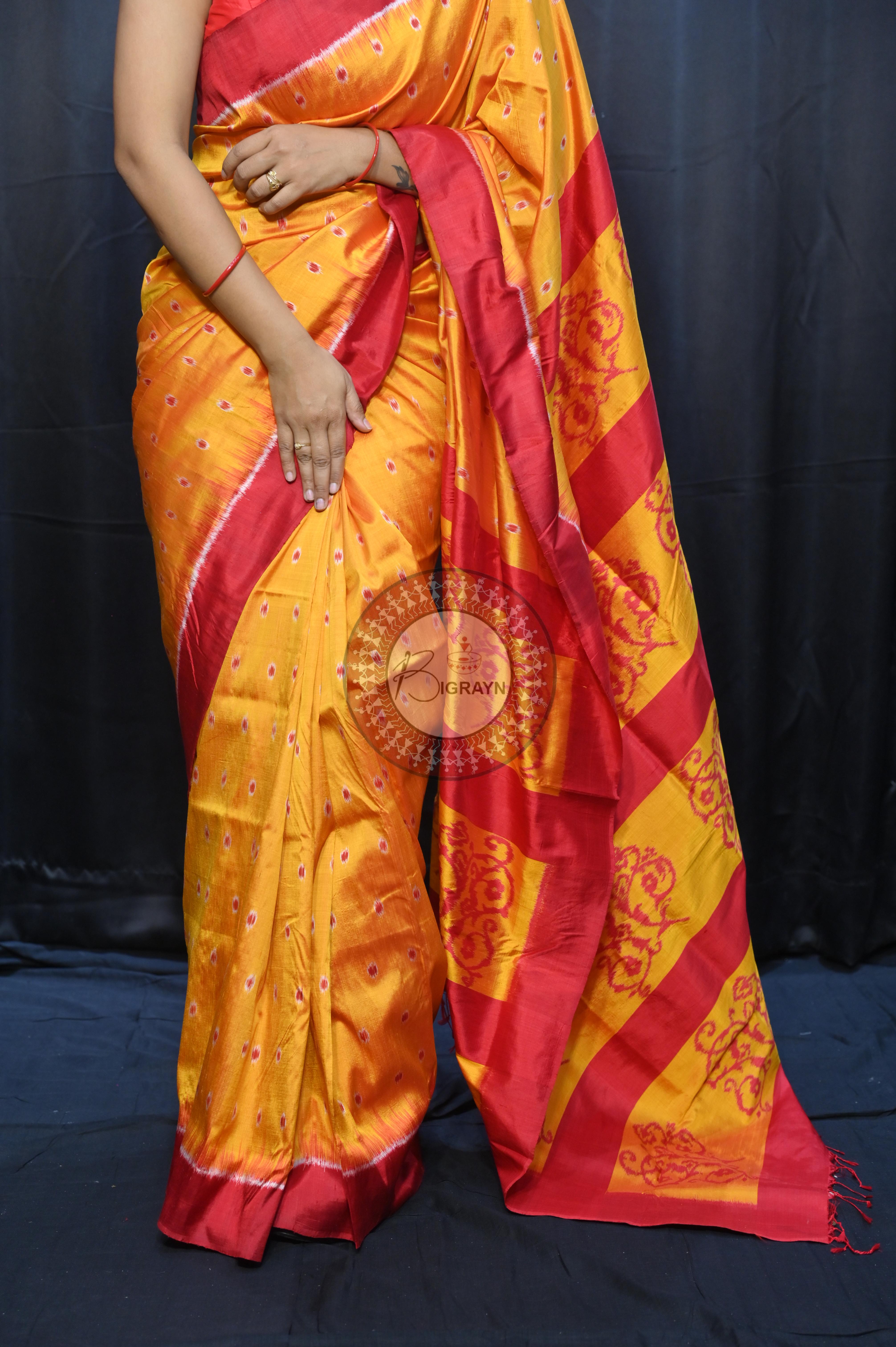 Yellow Maroon Dots Design Mulberry Silk Saree