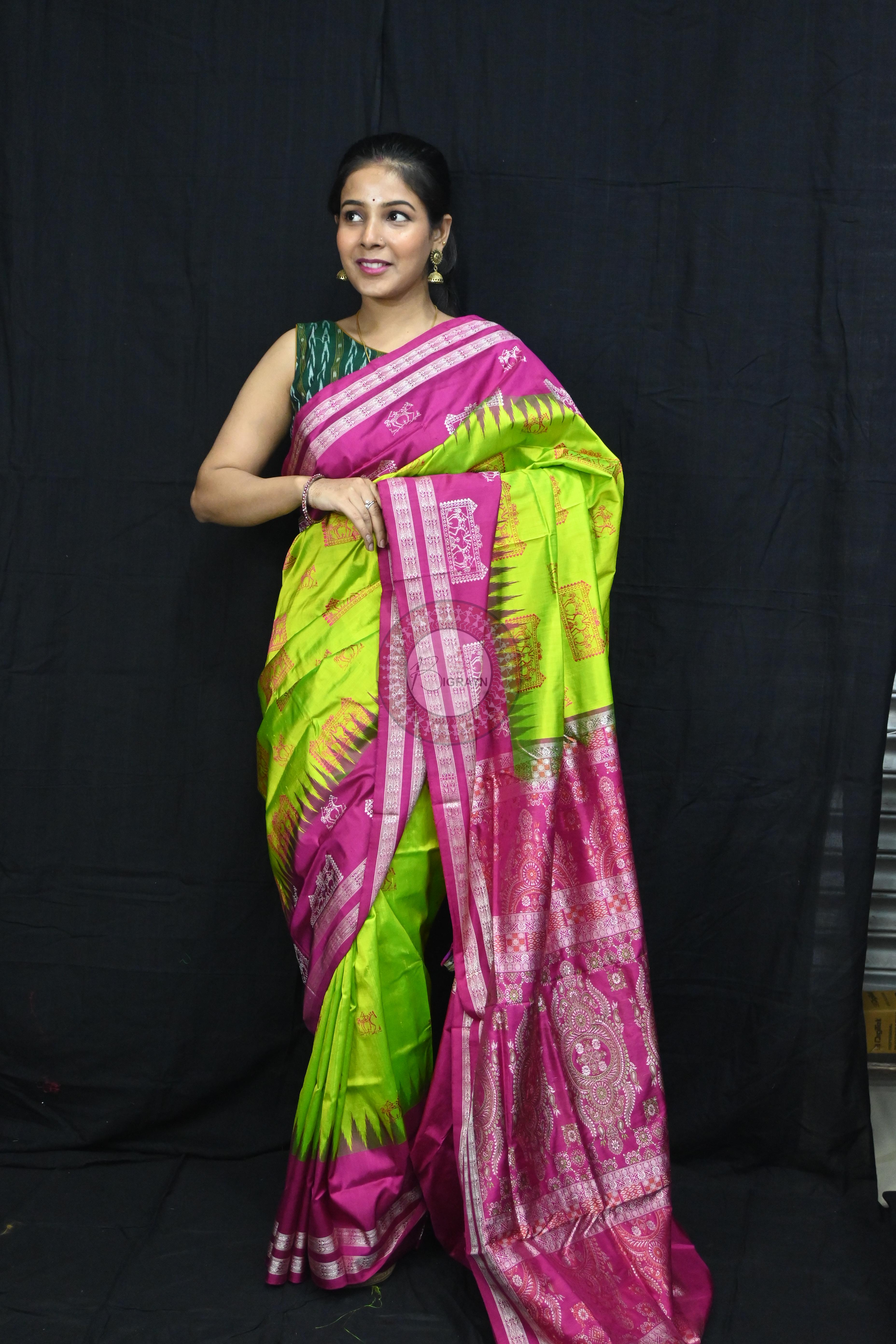 Neon Magenta Tribal Teracotta Bomkai Silk Saree