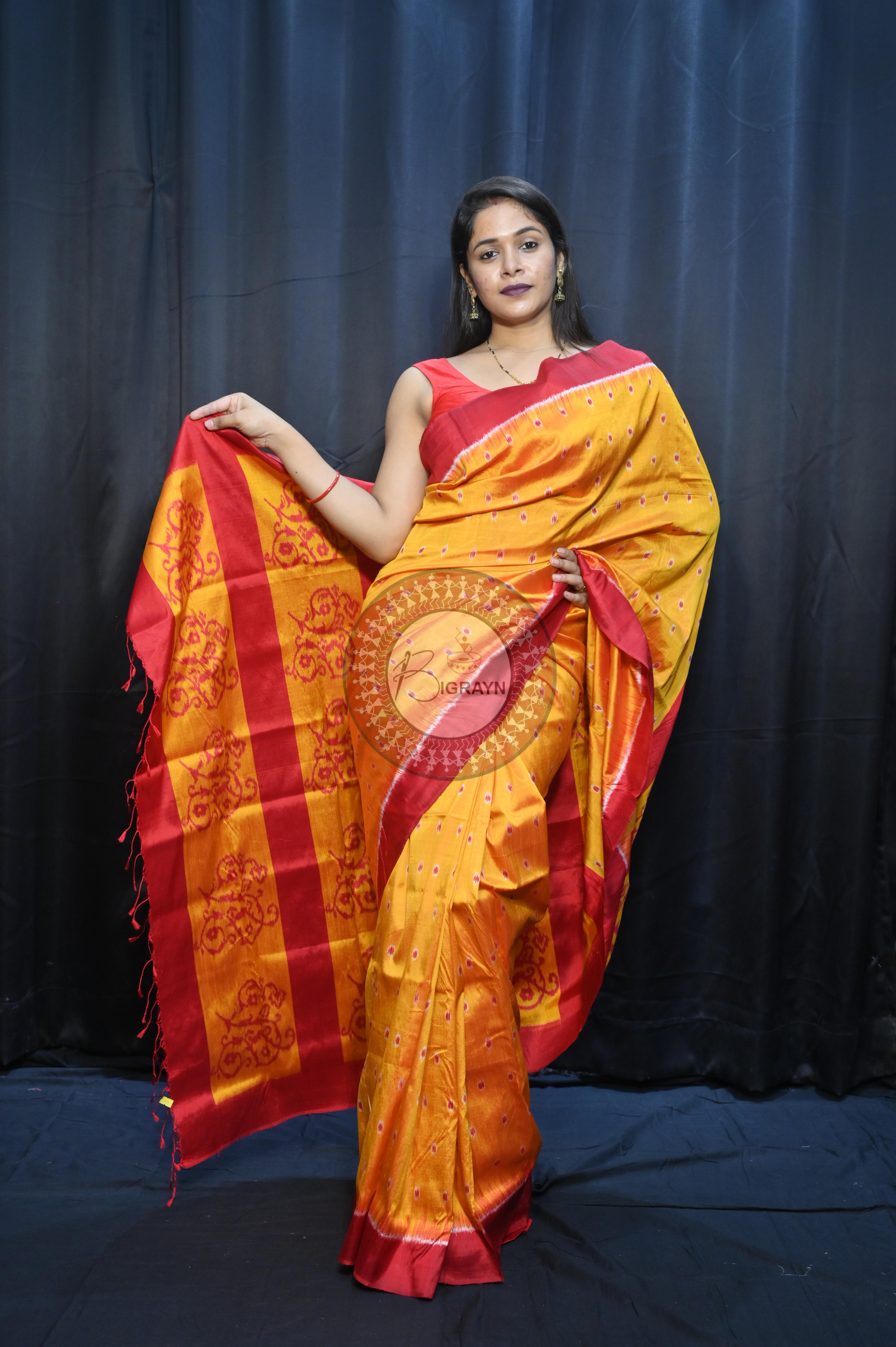 Yellow Maroon Dots Design Mulberry Silk Saree