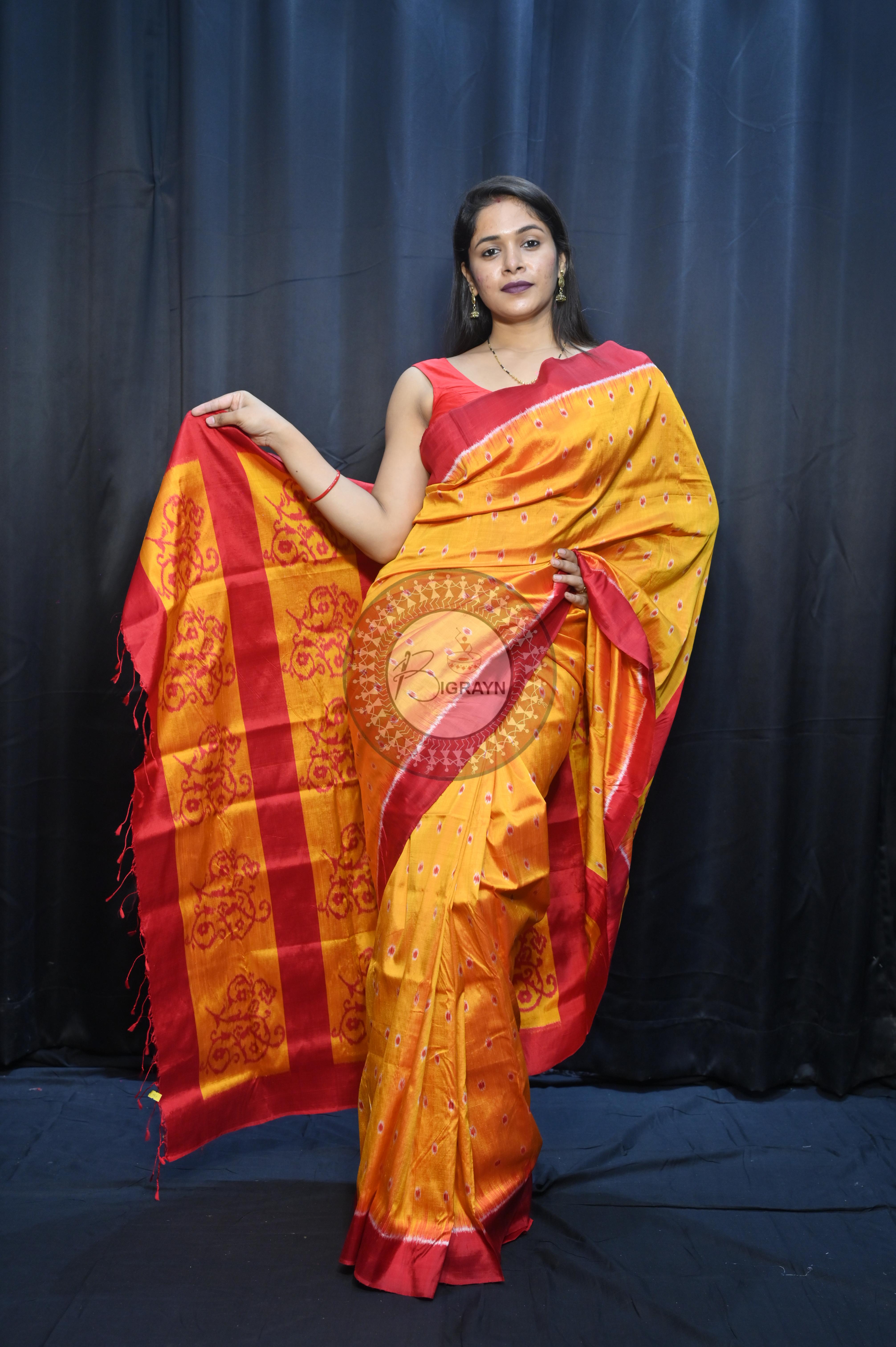 Yellow Maroon Dots Design Mulberry Silk Saree