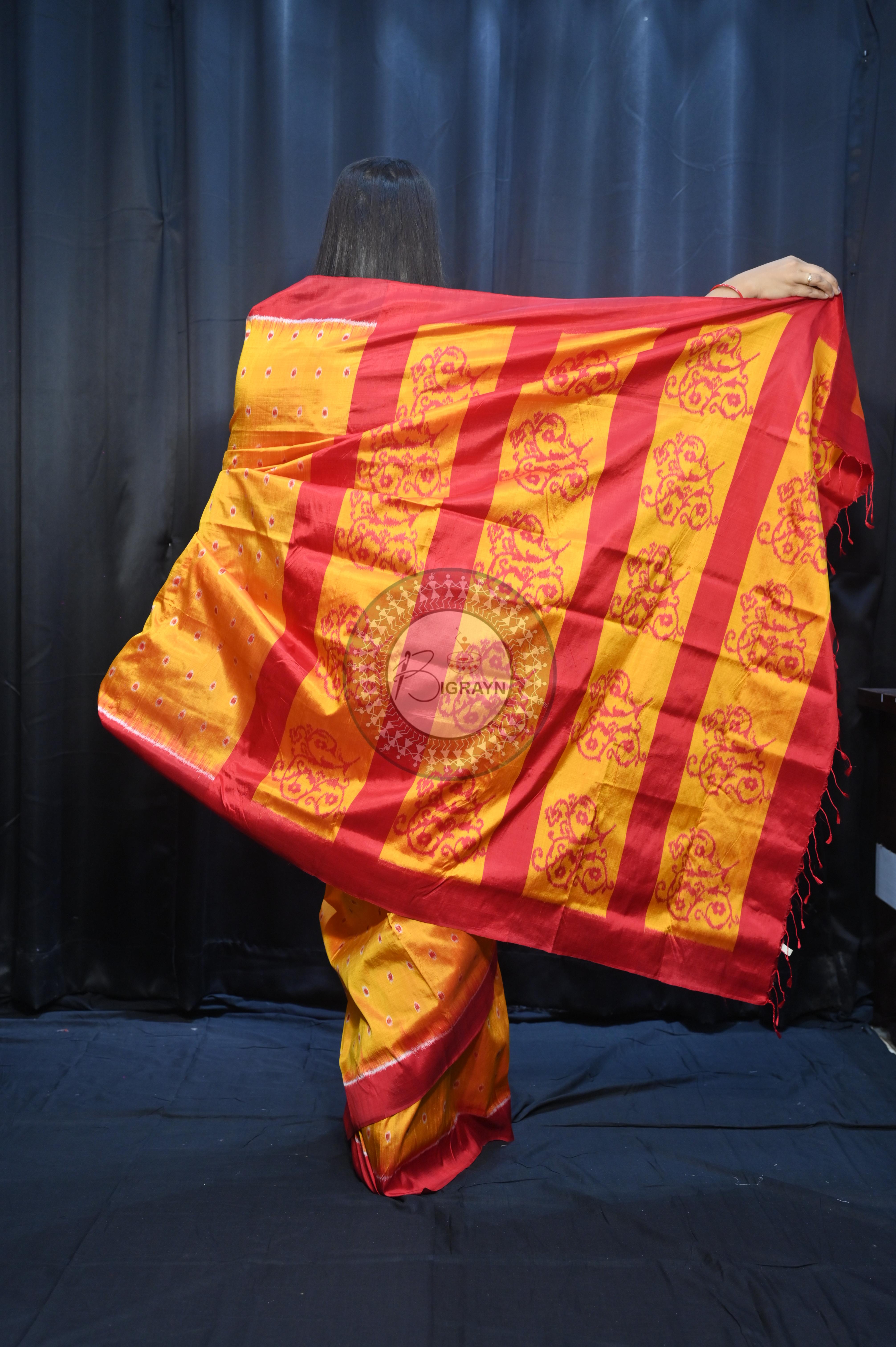 Yellow Maroon Dots Design Mulberry Silk Saree