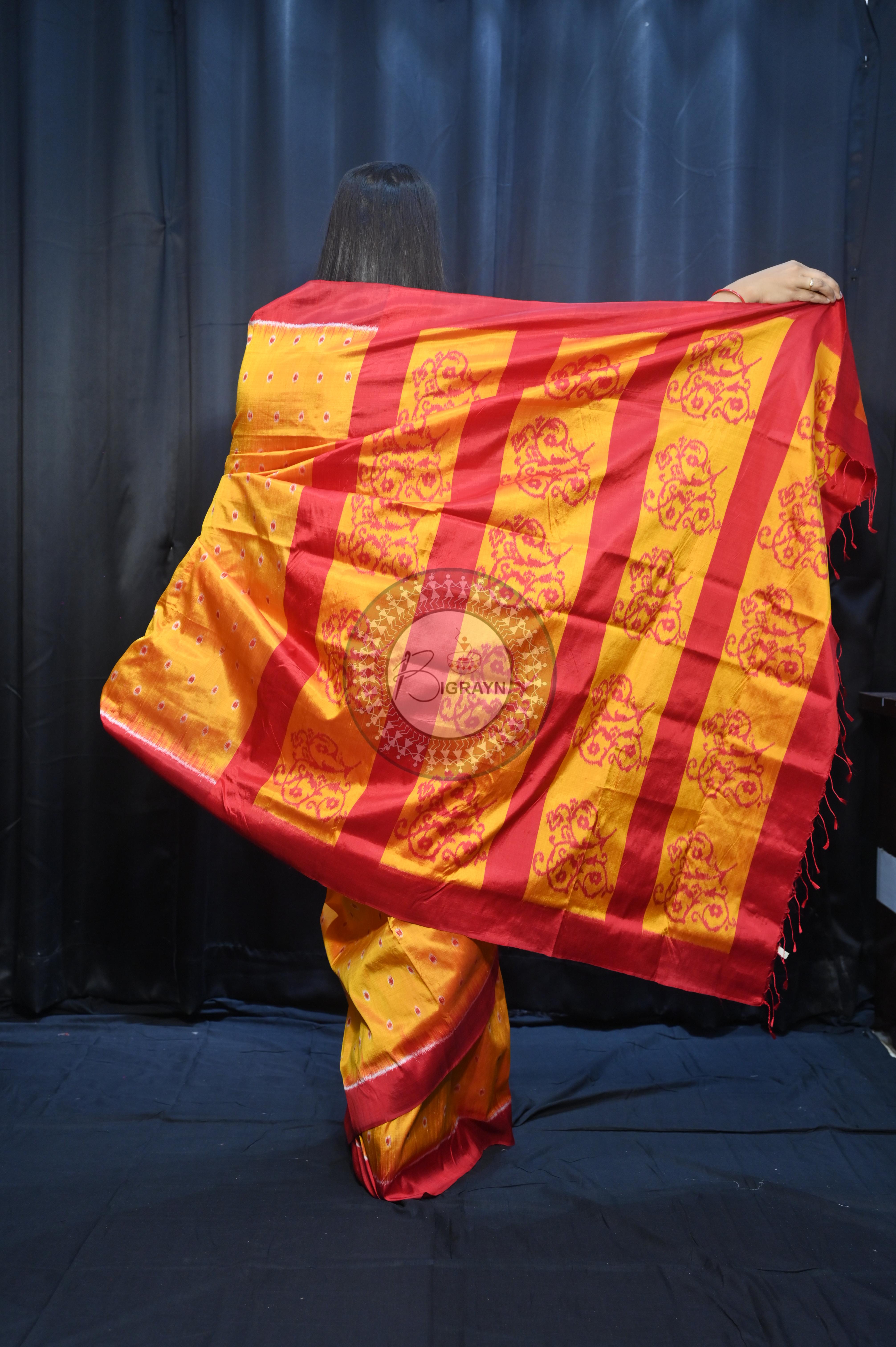 Yellow Maroon Dots Design Mulberry Silk Saree