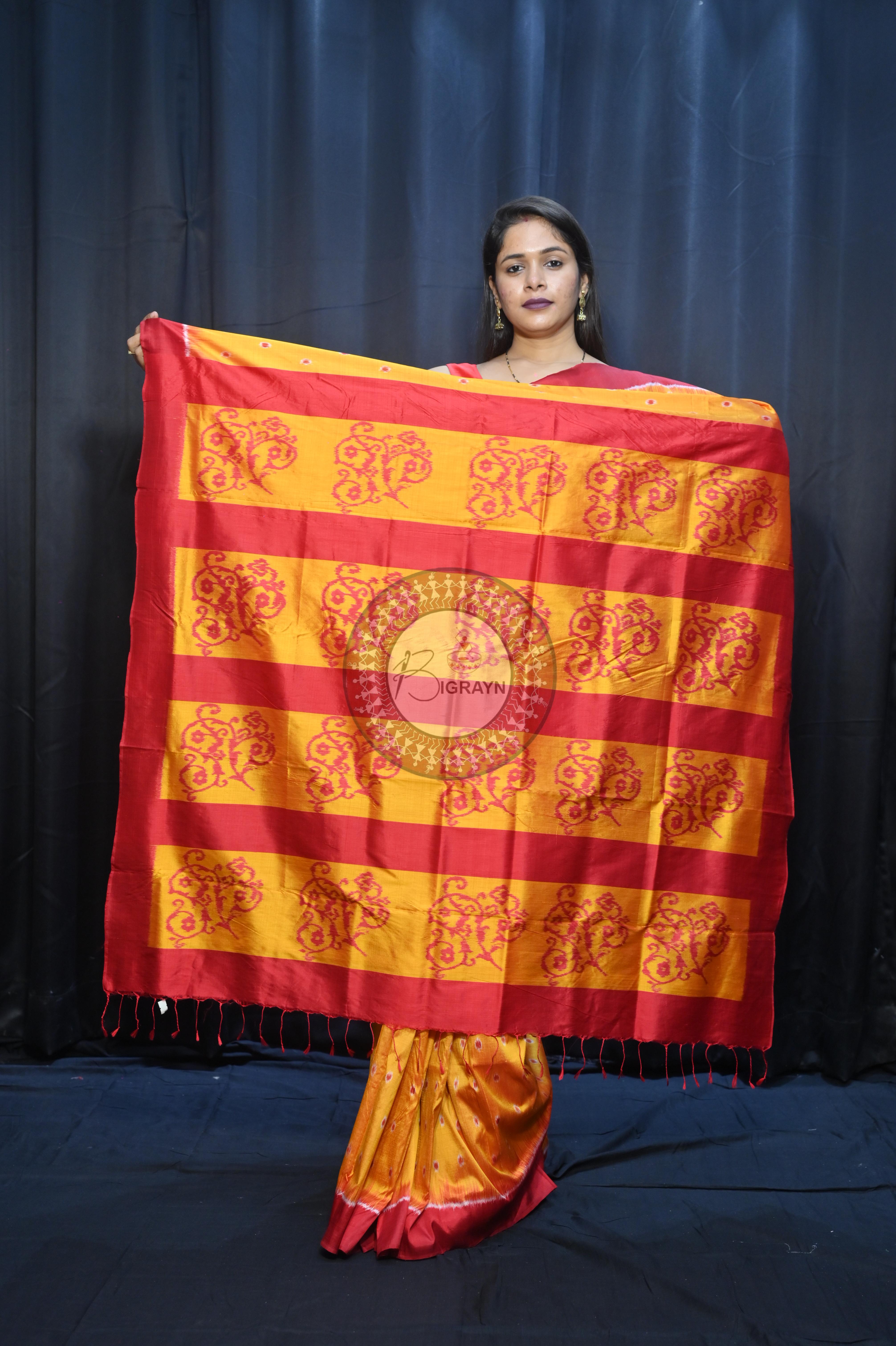 Yellow Maroon Dots Design Mulberry Silk Saree