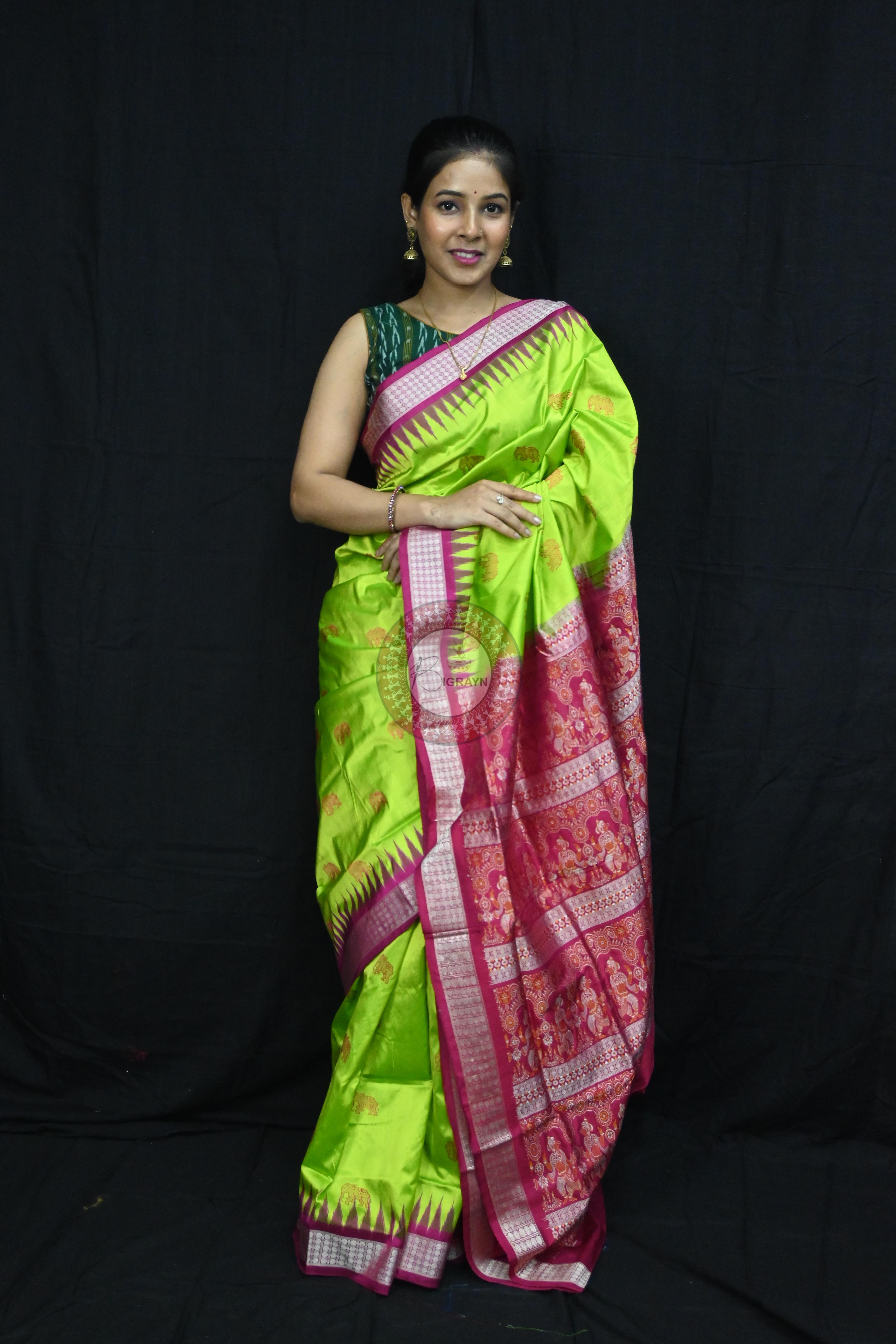 Neon Magenta Elephant Bomkai Silk Saree