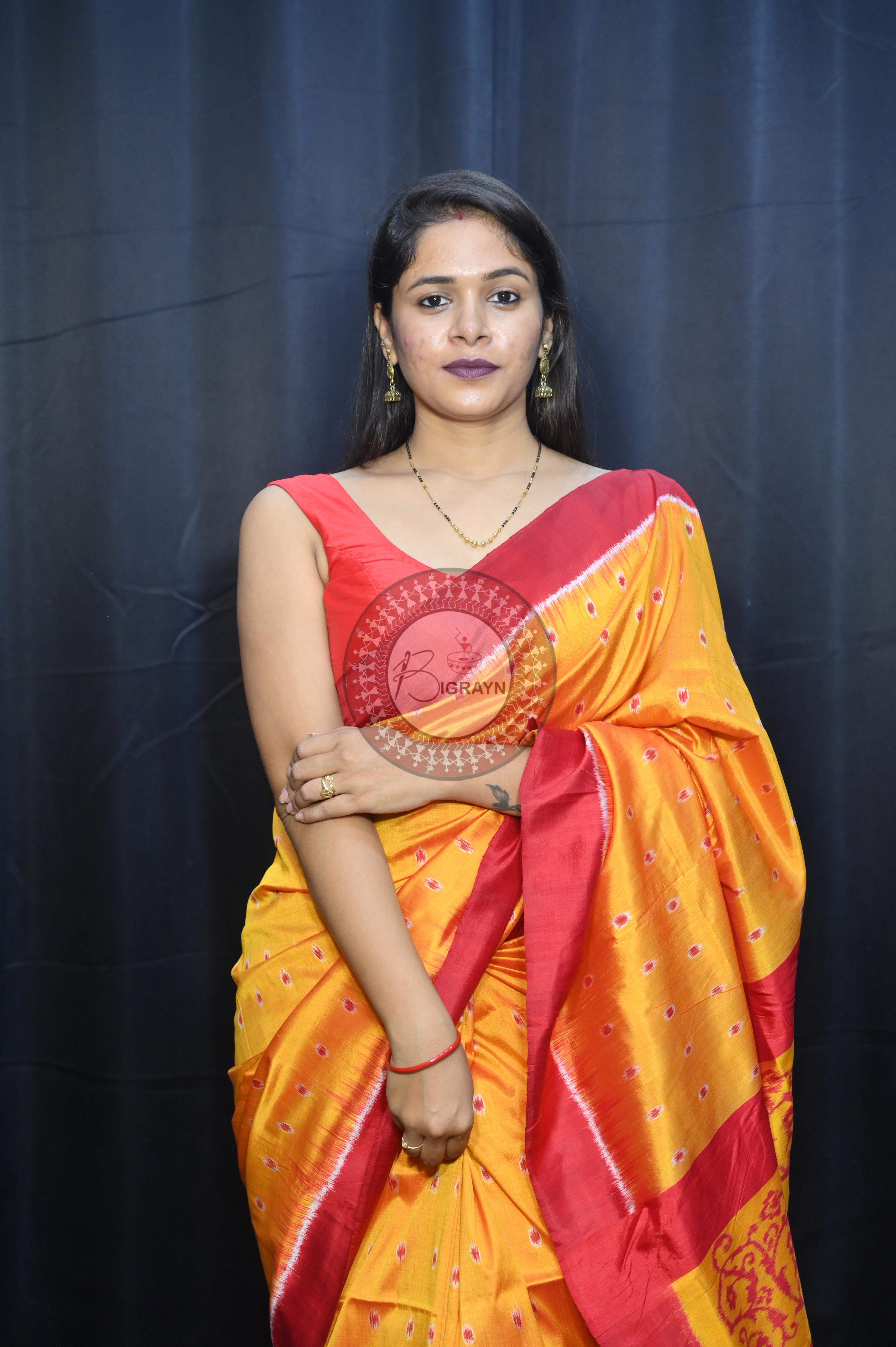 Yellow Maroon Dots Design Mulberry Silk Saree