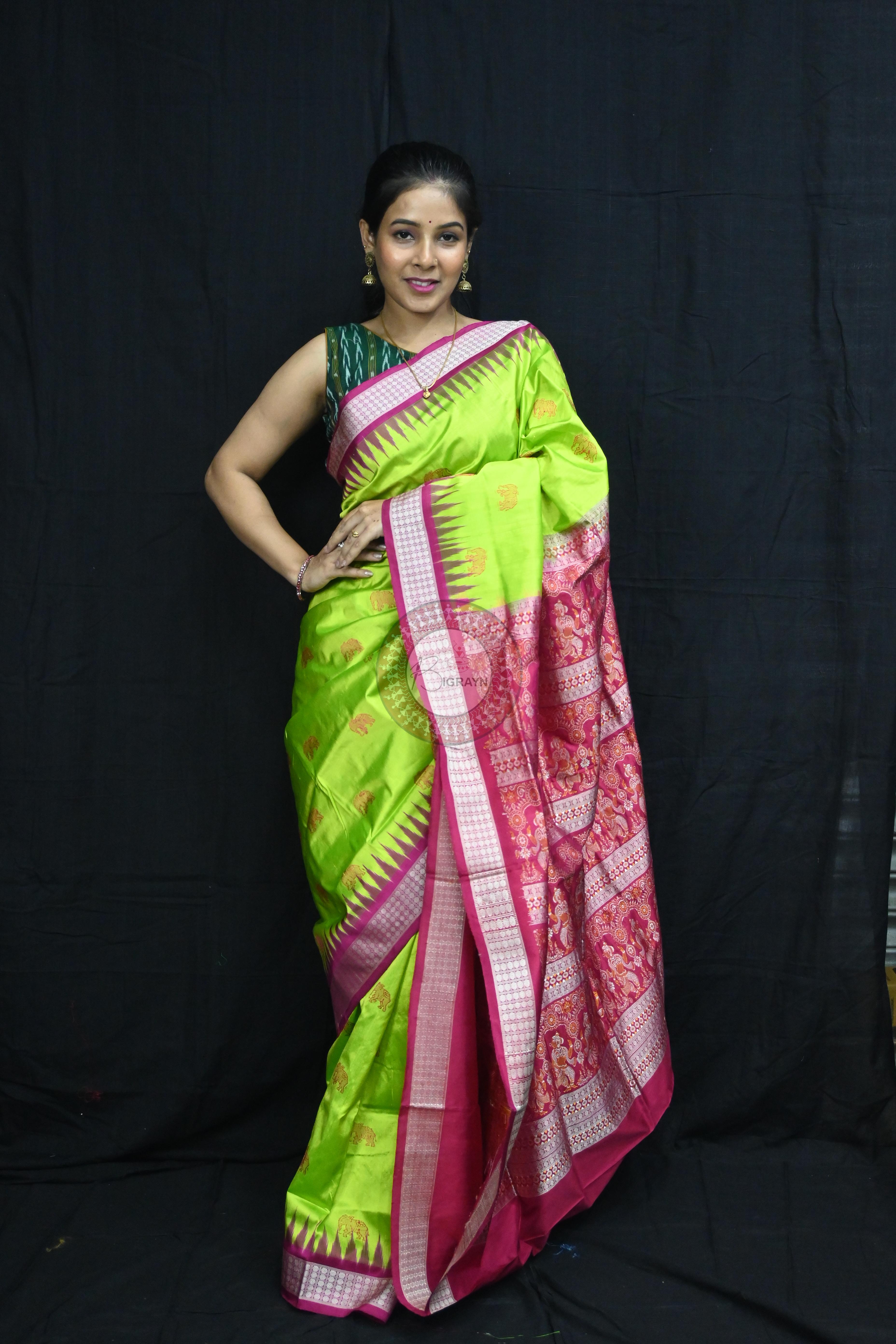 Neon Magenta Elephant Bomkai Silk Saree