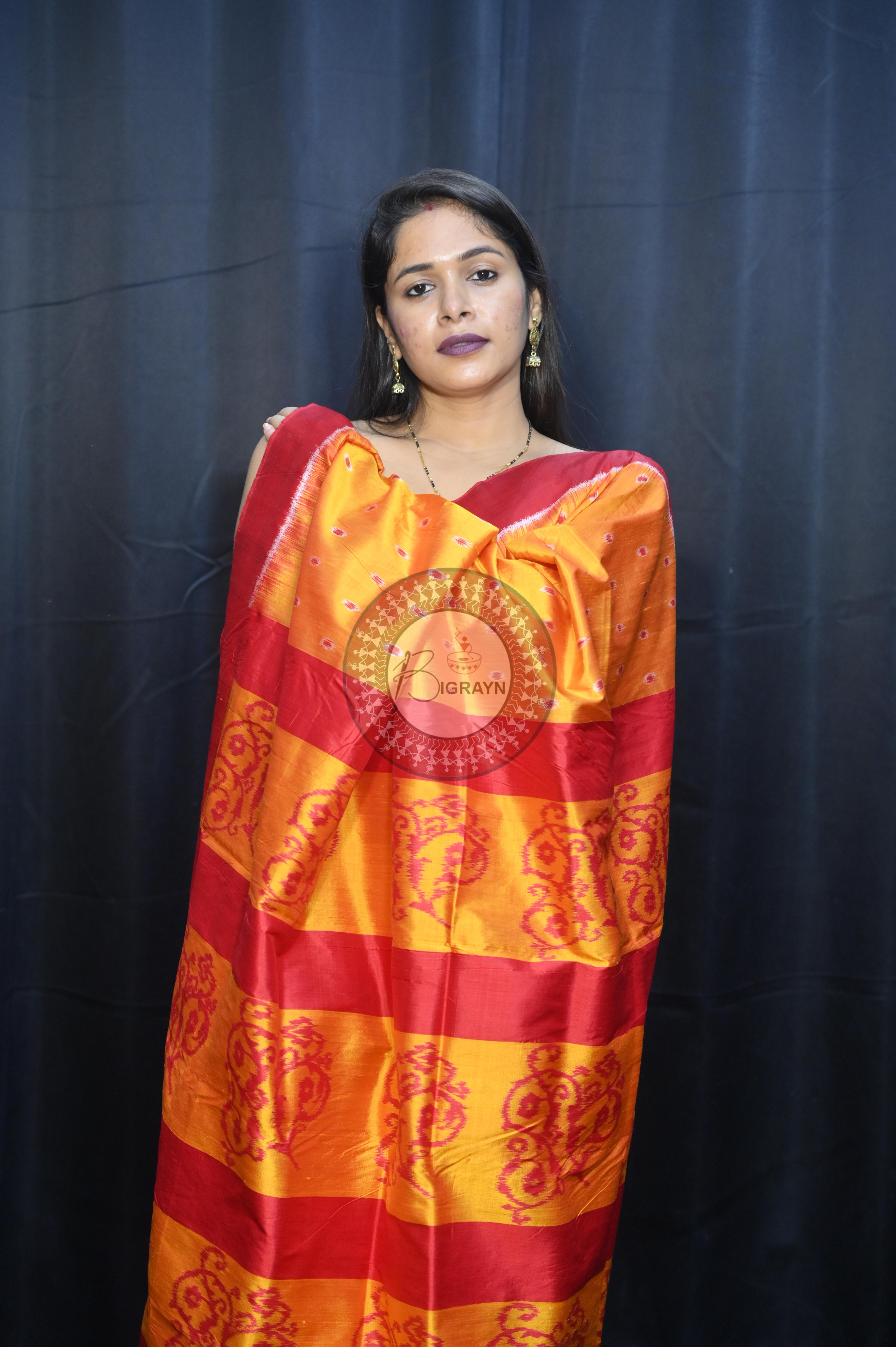 Yellow Maroon Dots Design Mulberry Silk Saree