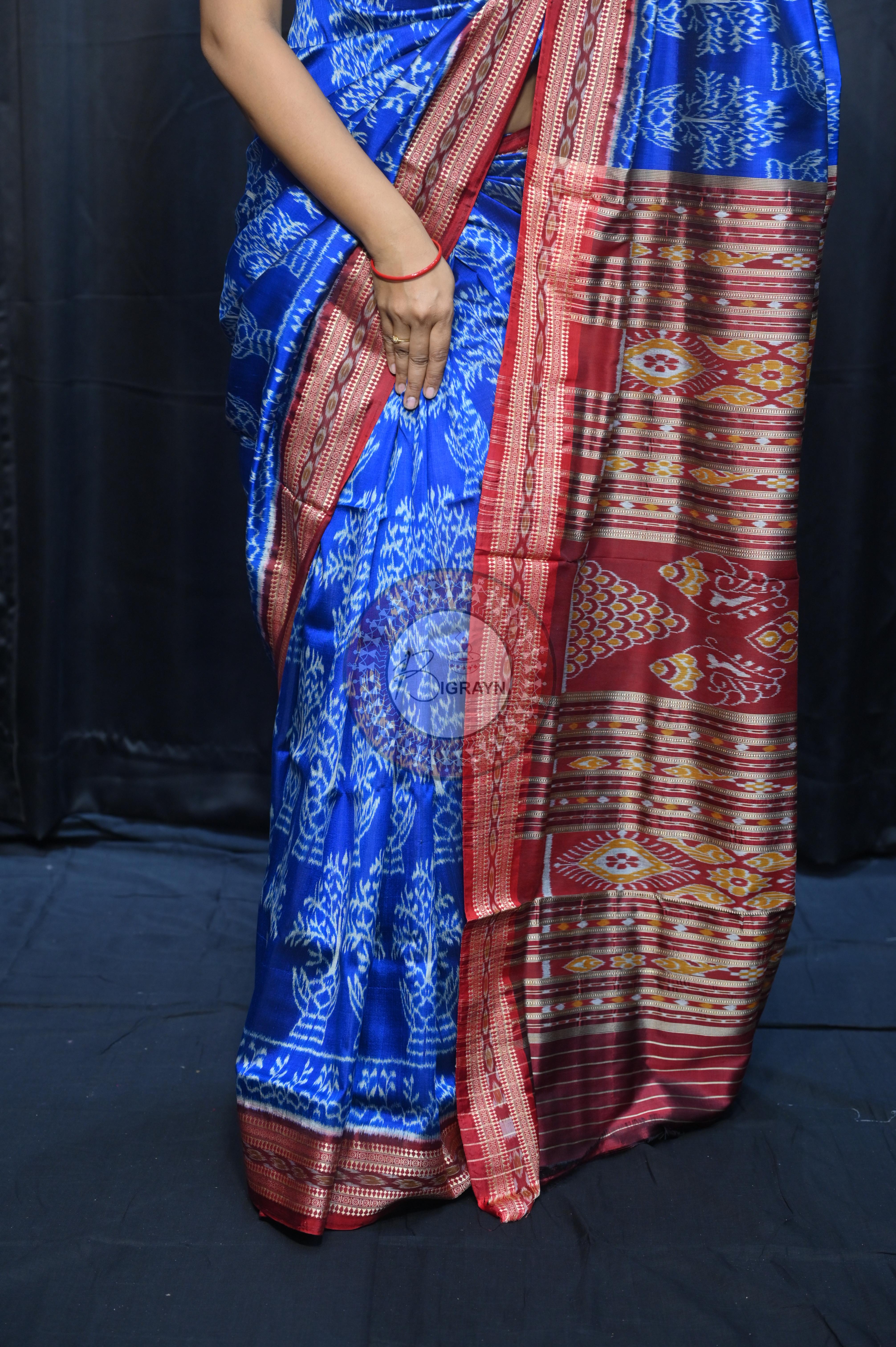 Blue Maroon Tulshi Tree Design Khandua Silk Saree