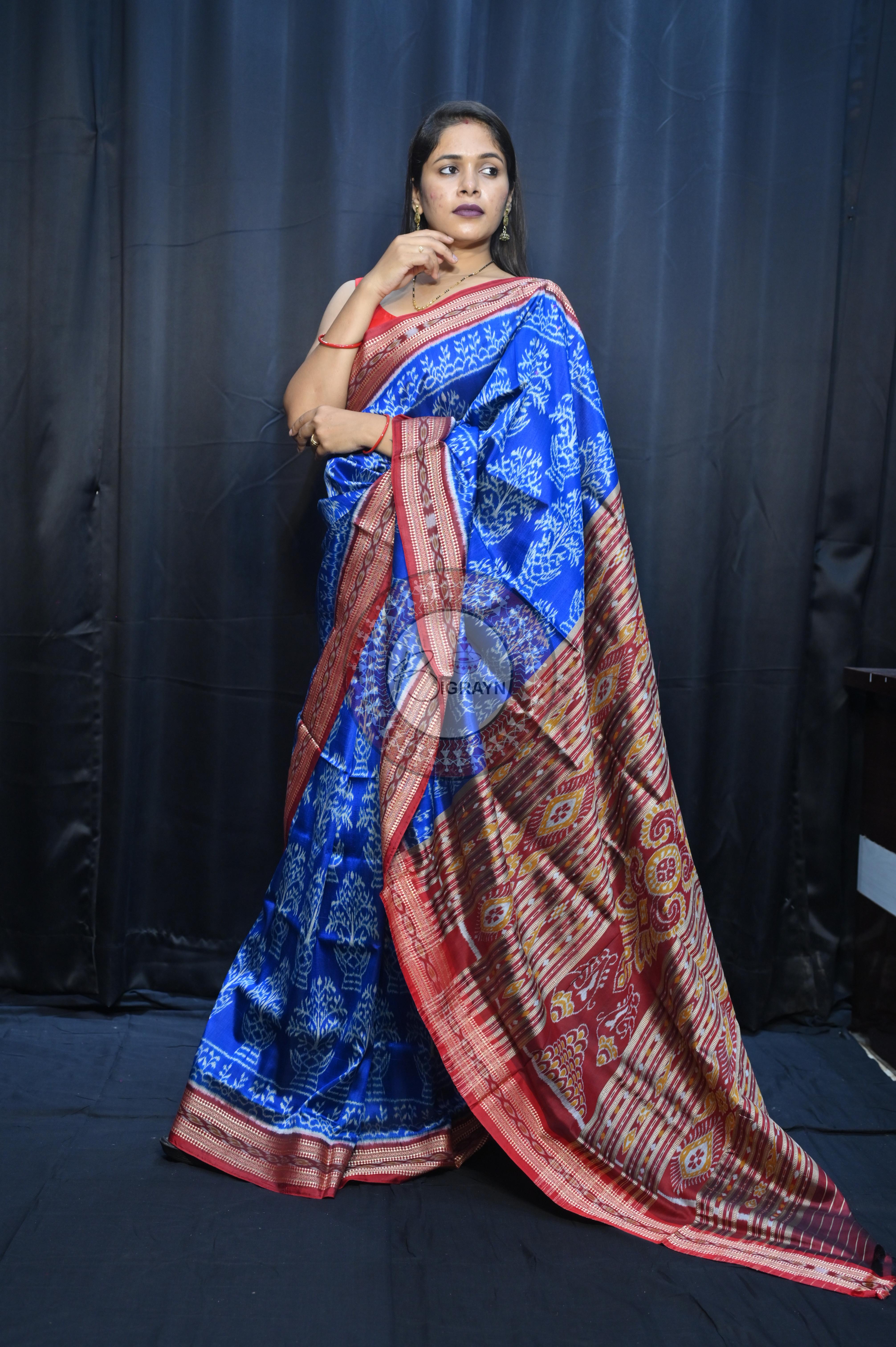 Blue Maroon Tulshi Tree Design Khandua Silk Saree
