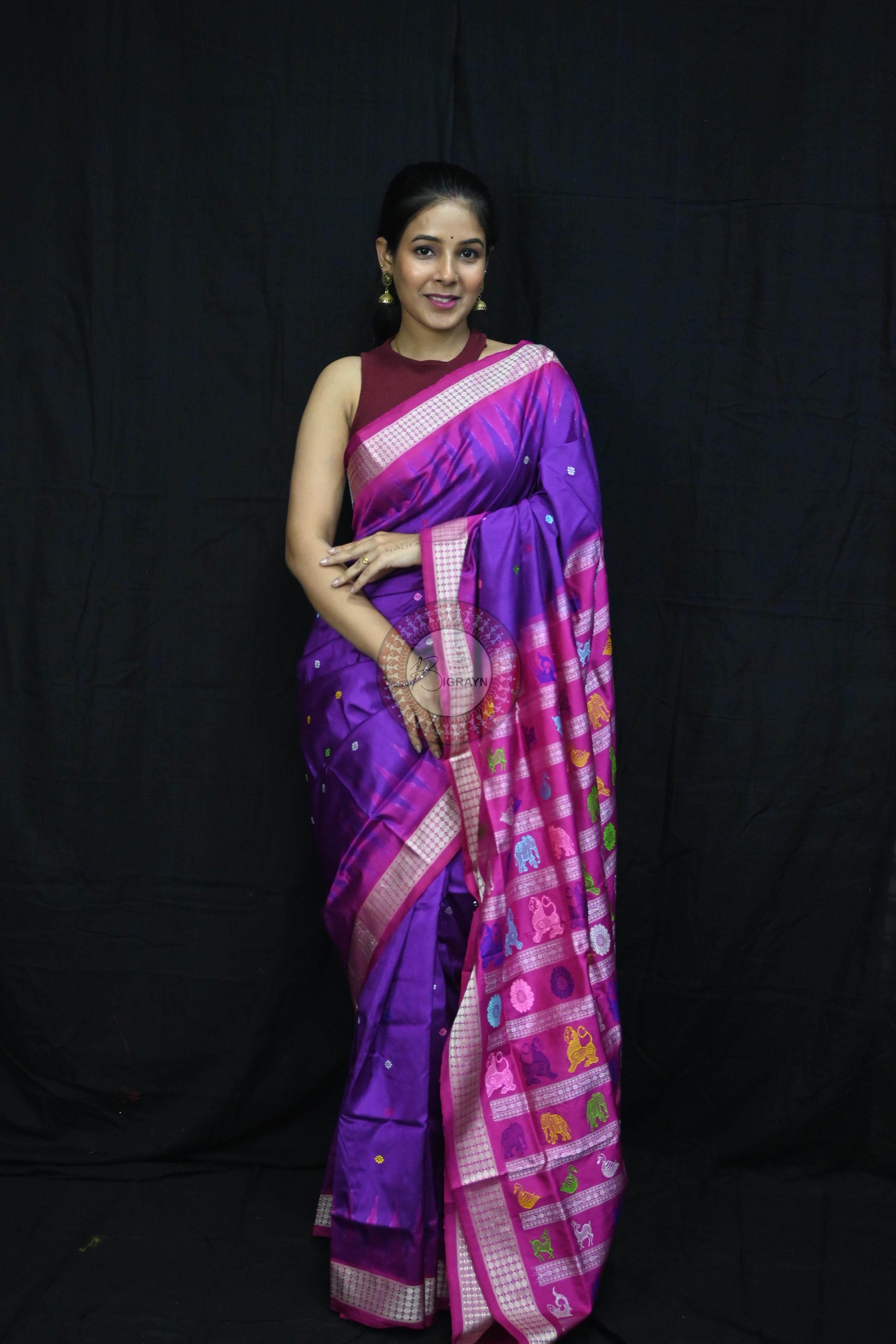 Purple Magenta Animal Anchal Bomkai Silk Saree