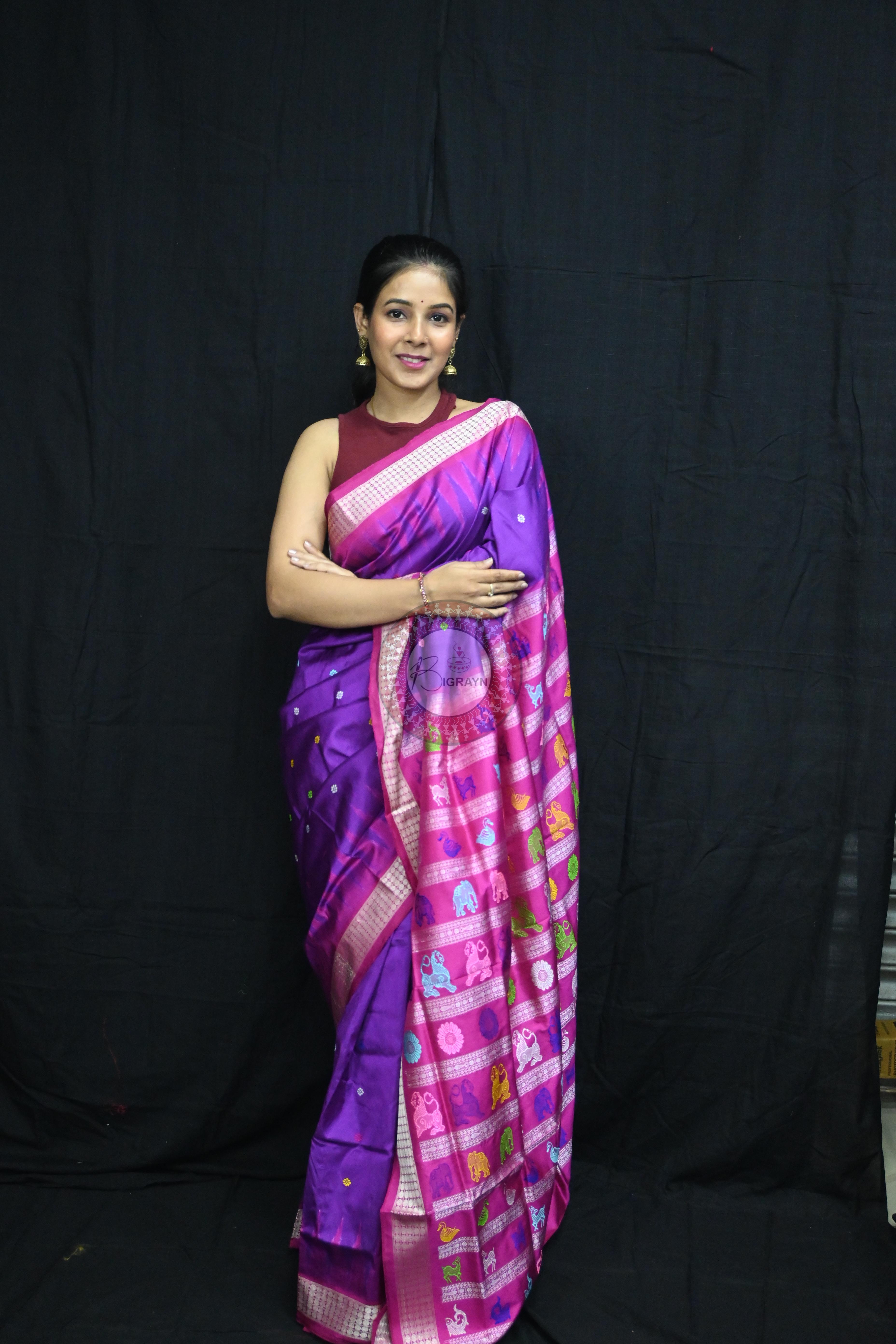 Purple Magenta Animal Anchal Bomkai Silk Saree