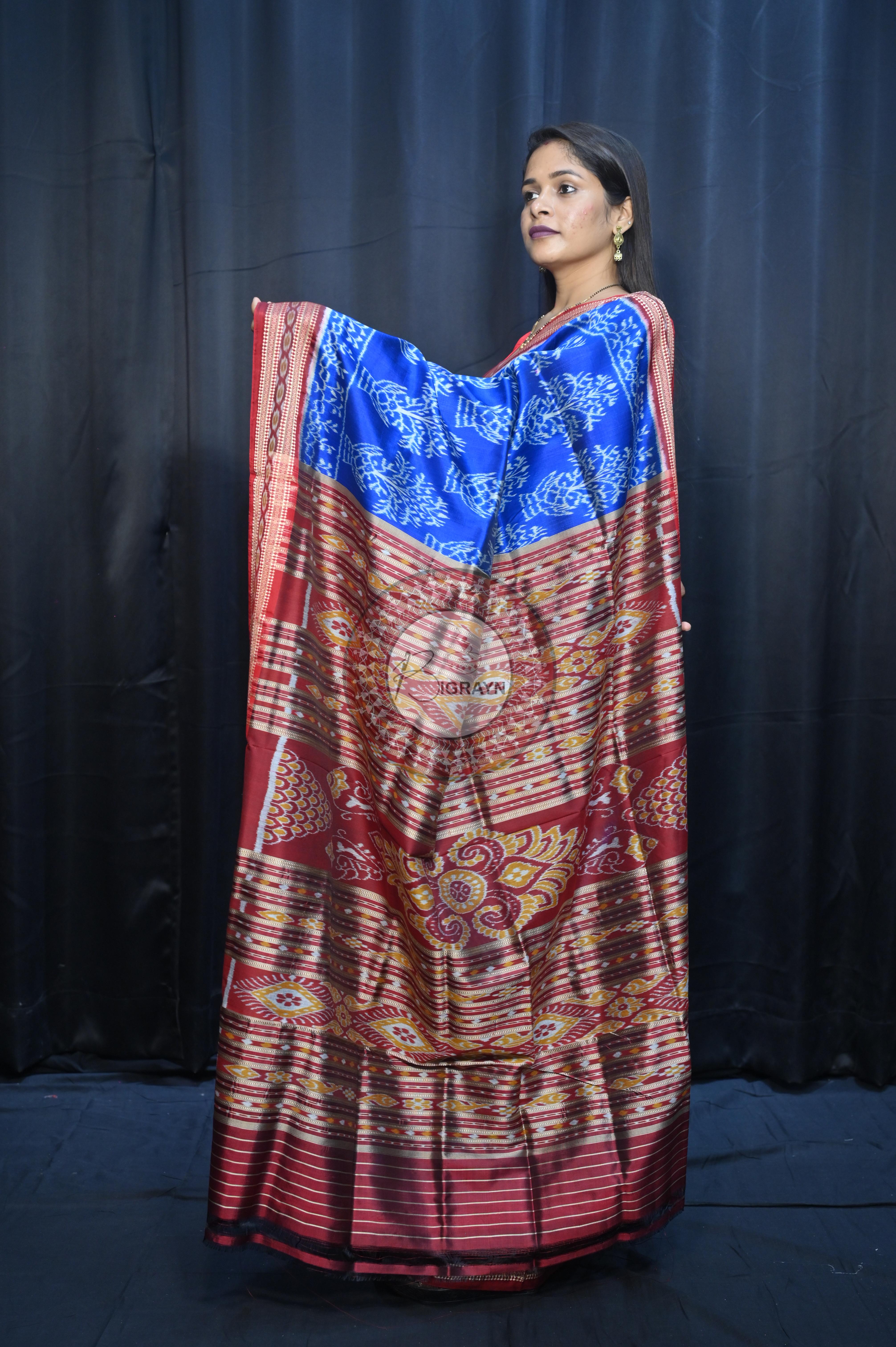 Blue Maroon Tulshi Tree Design Khandua Silk Saree