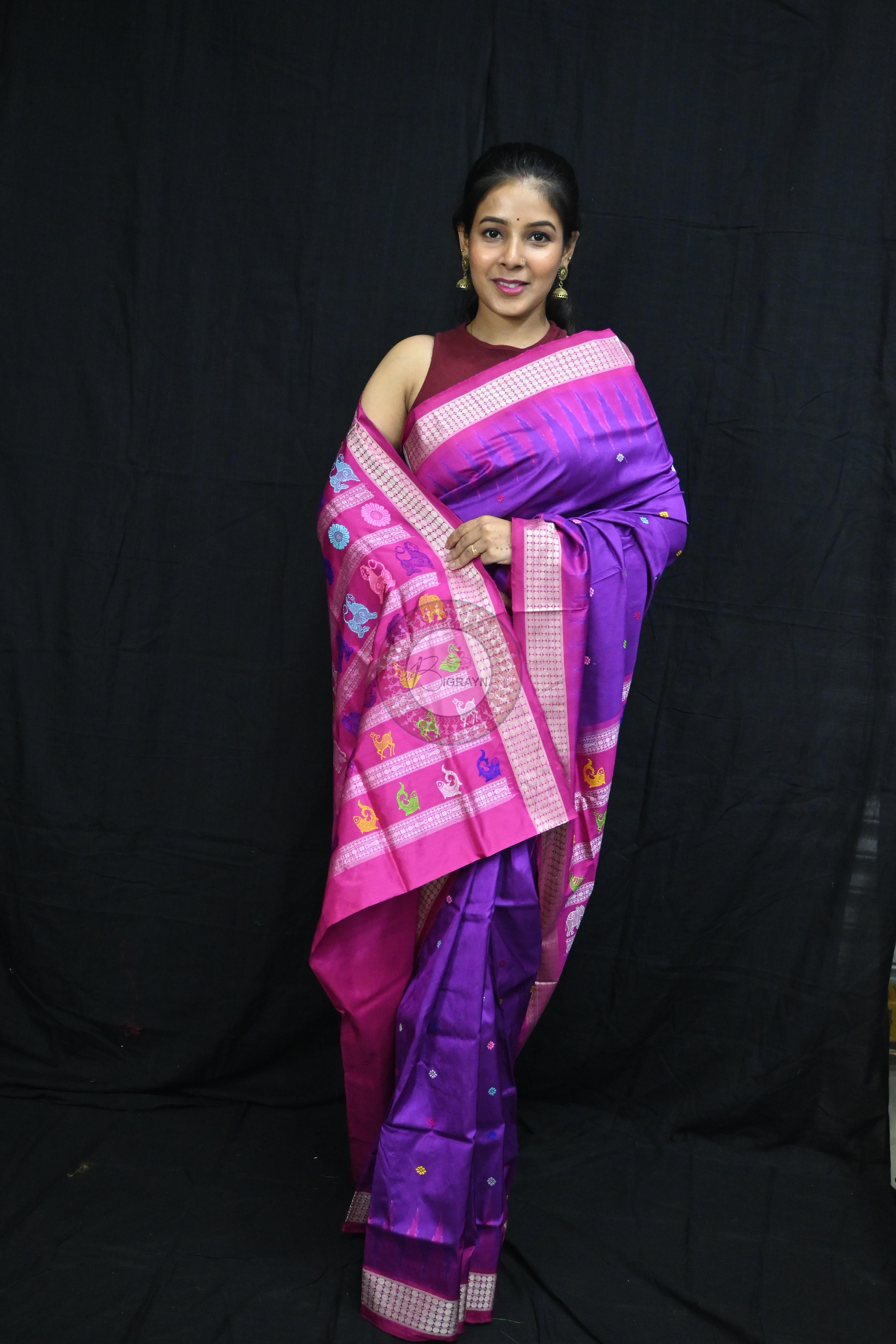 Purple Magenta Animal Anchal Bomkai Silk Saree