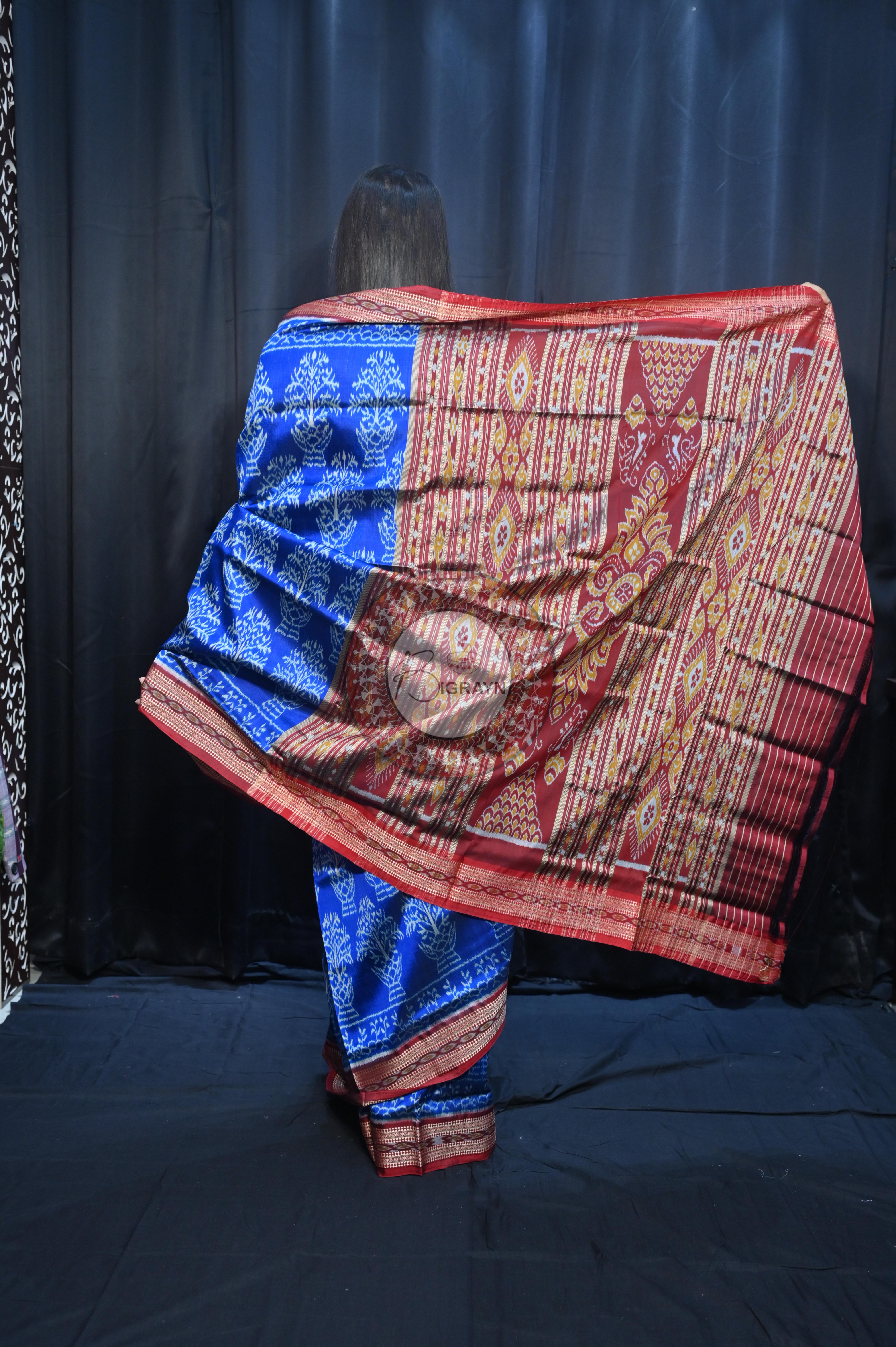 Blue Maroon Tulshi Tree Design Khandua Silk Saree