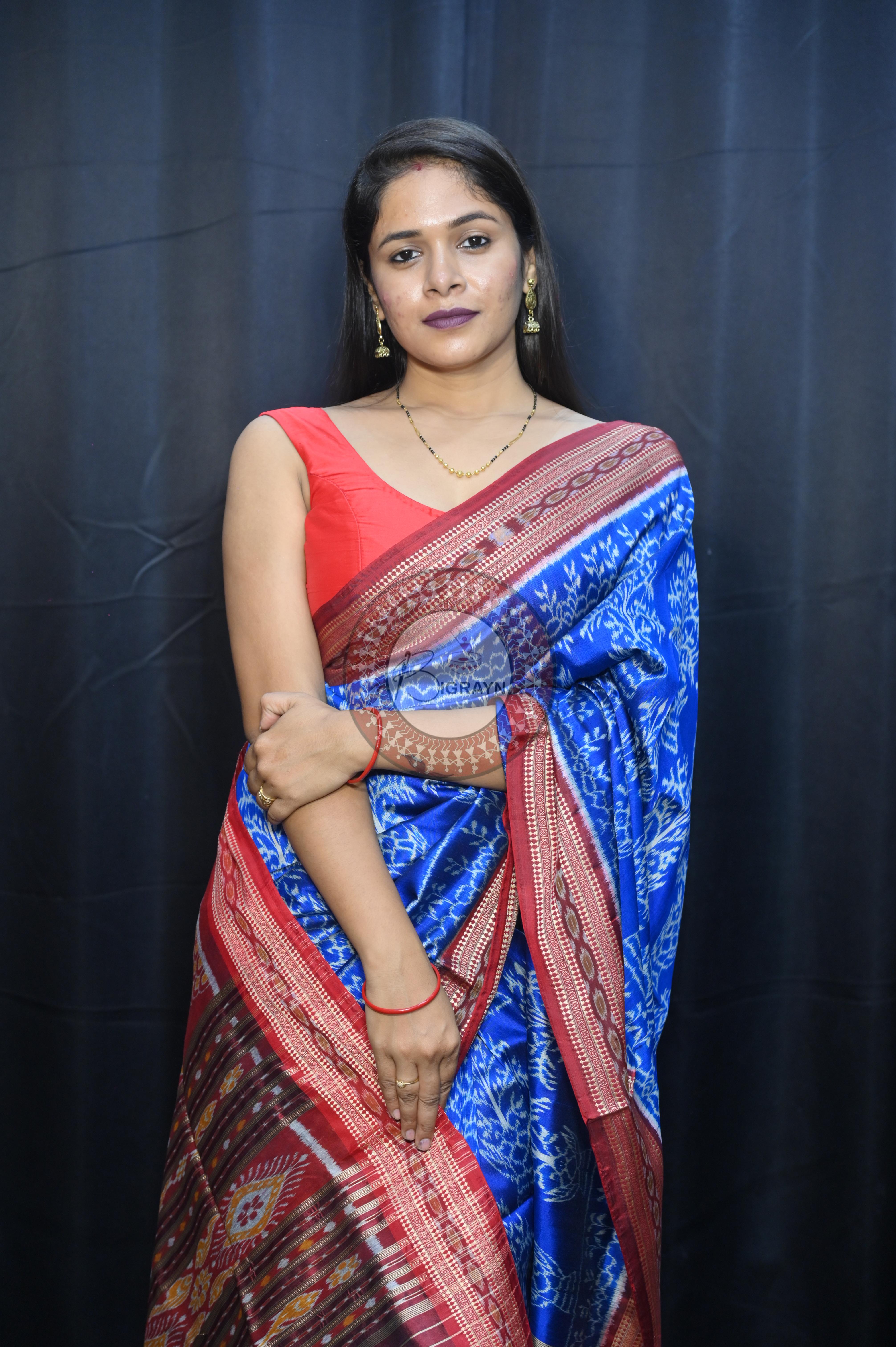 Blue Maroon Tulshi Tree Design Khandua Silk Saree