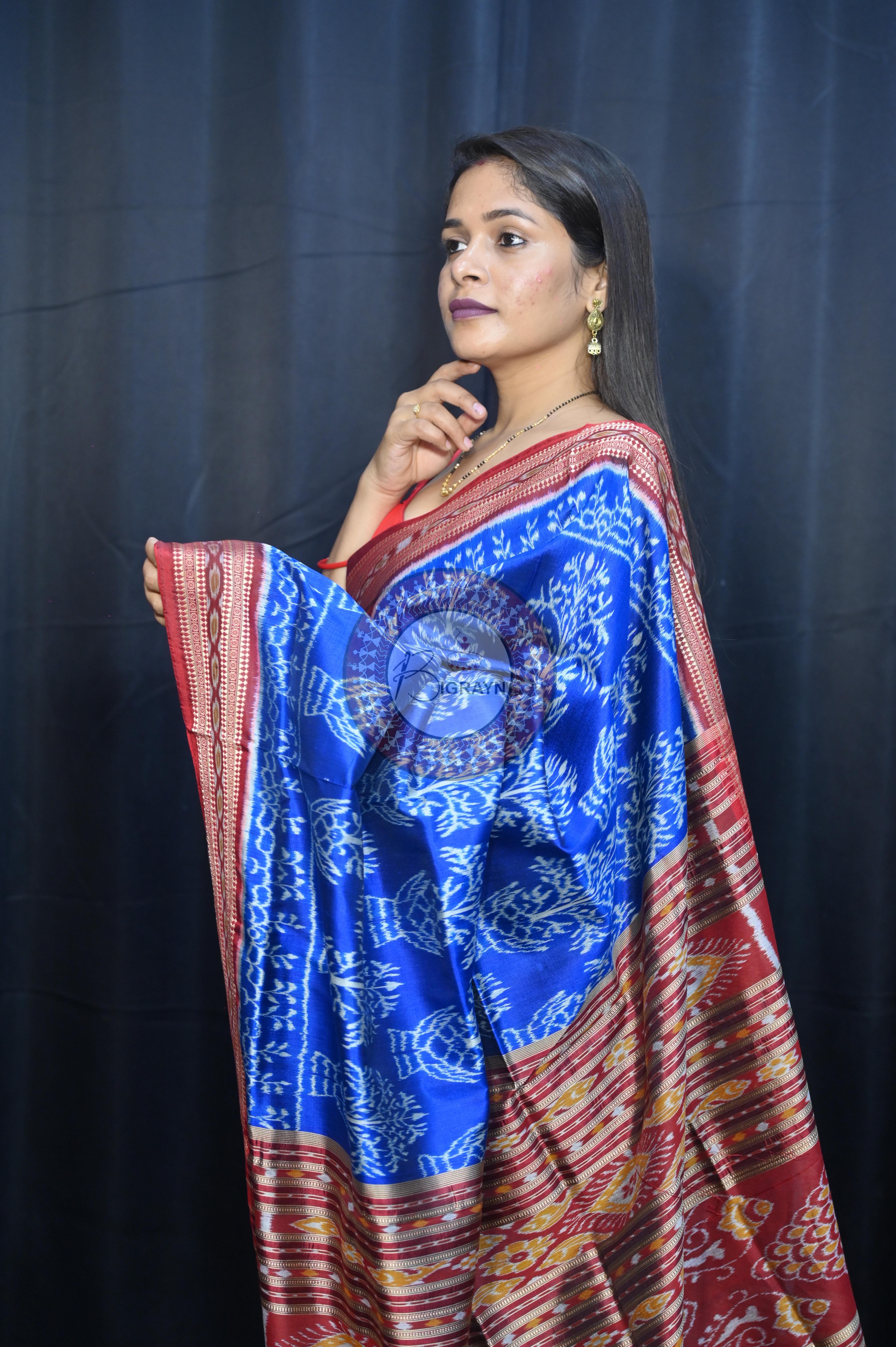 Blue Maroon Tulshi Tree Design Khandua Silk Saree