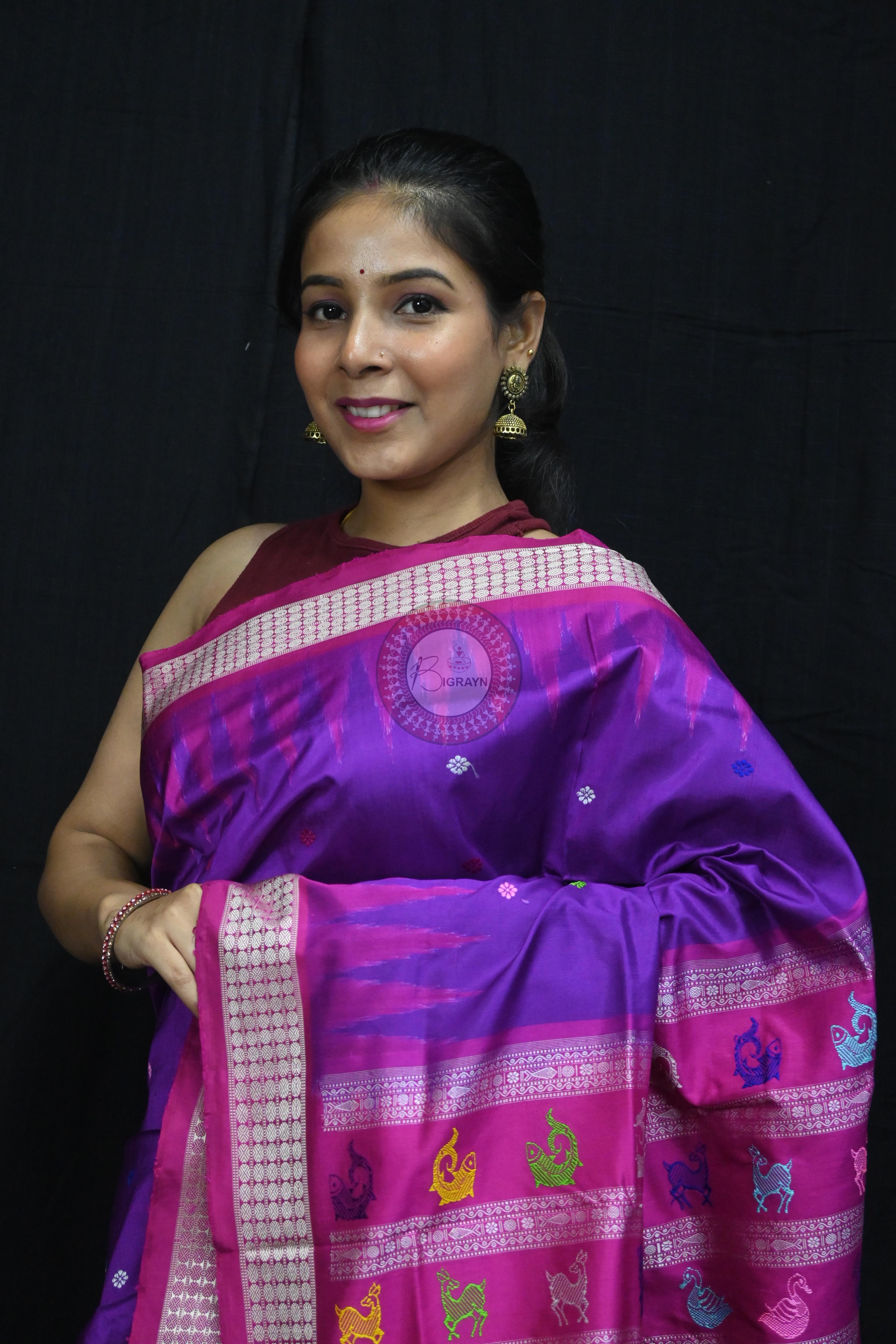 Purple Magenta Animal Anchal Bomkai Silk Saree